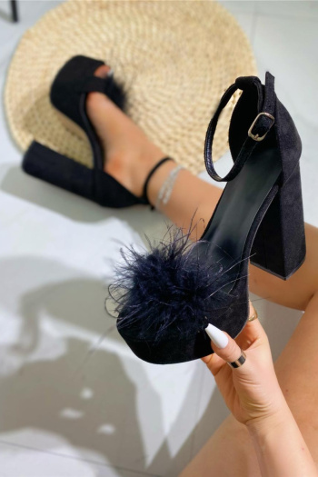 Black Feather High Heel Sandals