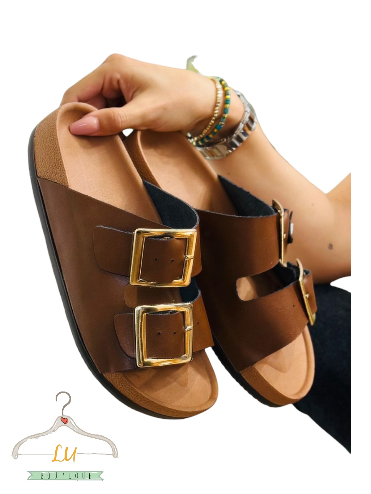 Sandalias de Doble Hebilla café piel 100%