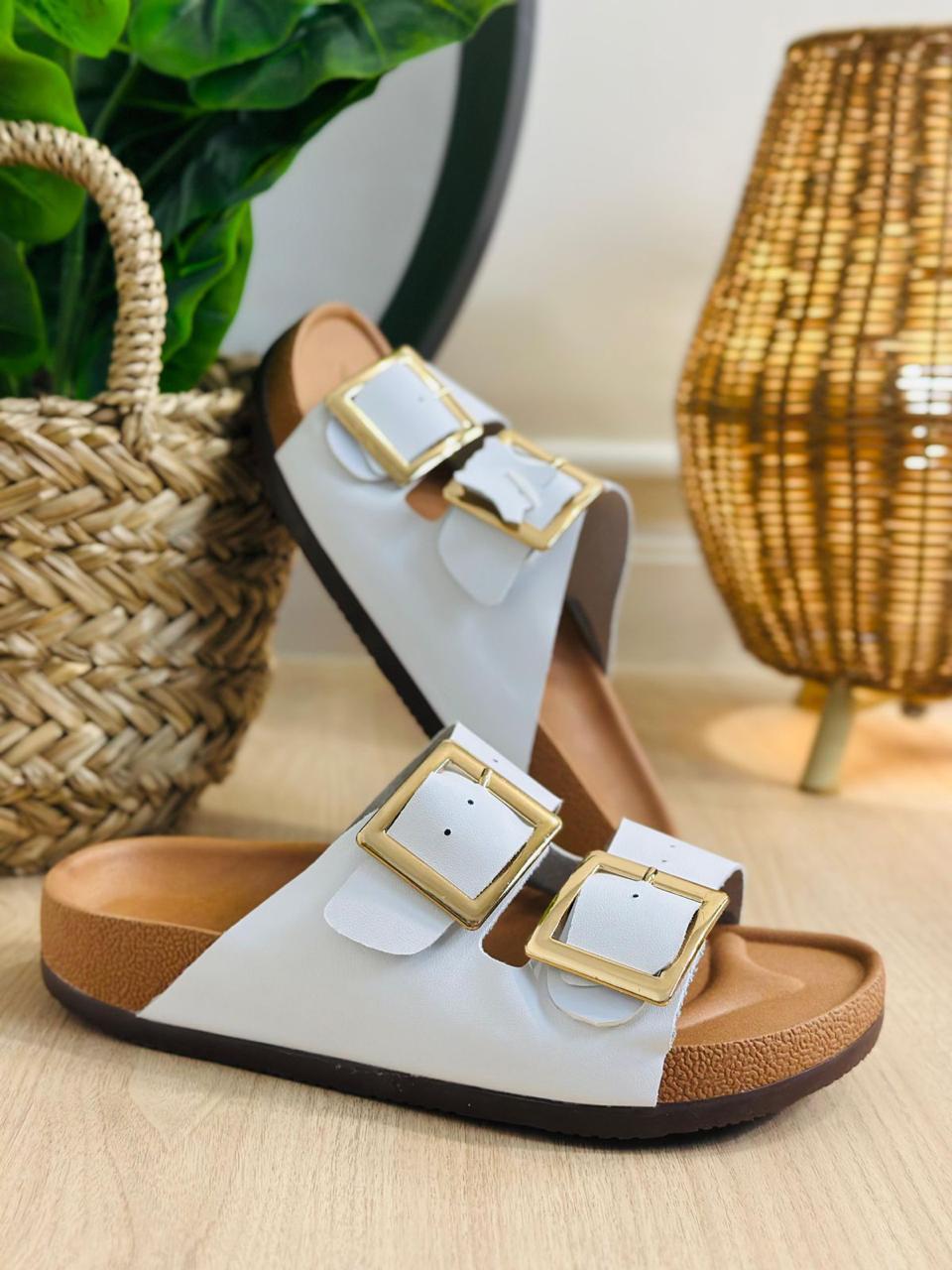 Sandalias blancas con doble hebilla piel 