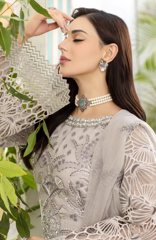 Flossie Embroidered Chiffon Unstitched 3 Piece Moon Flower (A) - Luxury Collection