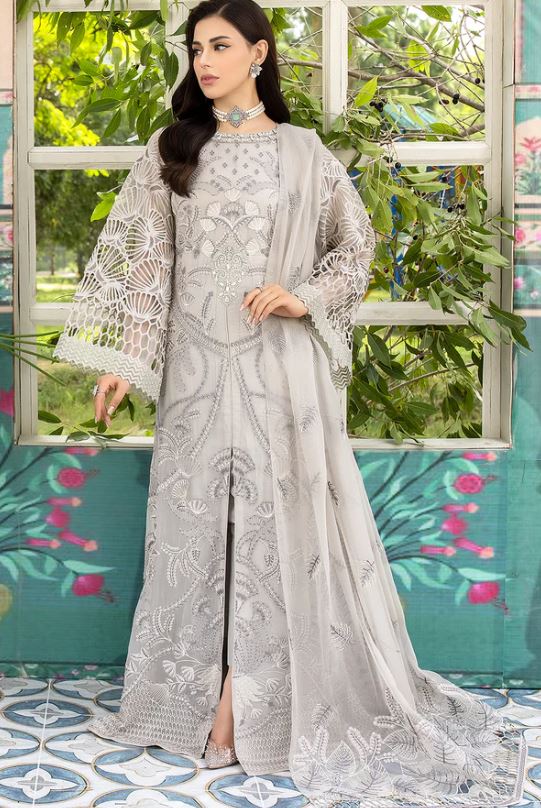 Flossie Embroidered Chiffon Unstitched 3 Piece Moon Flower (A) - Luxury Collection