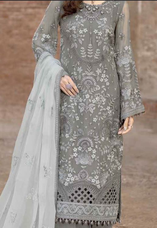 Flossie Embroidered Chiffon Suits Unstitched 3 Piece Stormy Grey - Luxury Collection