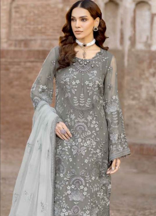 Flossie Embroidered Chiffon Suits Unstitched 3 Piece Stormy Grey - Luxury Collection
