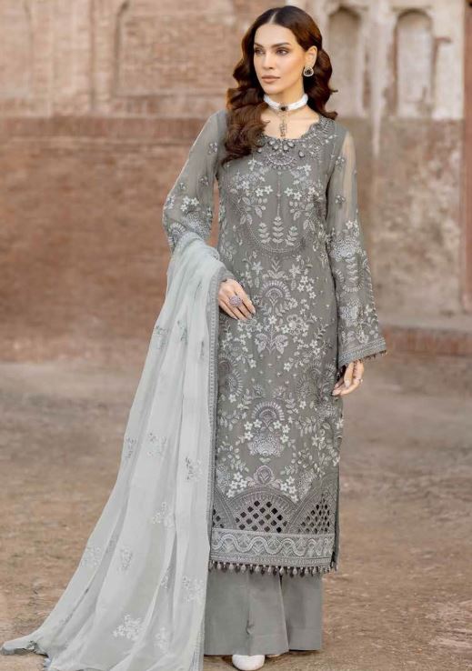 Flossie Embroidered Chiffon Suits Unstitched 3 Piece Stormy Grey - Luxury Collection