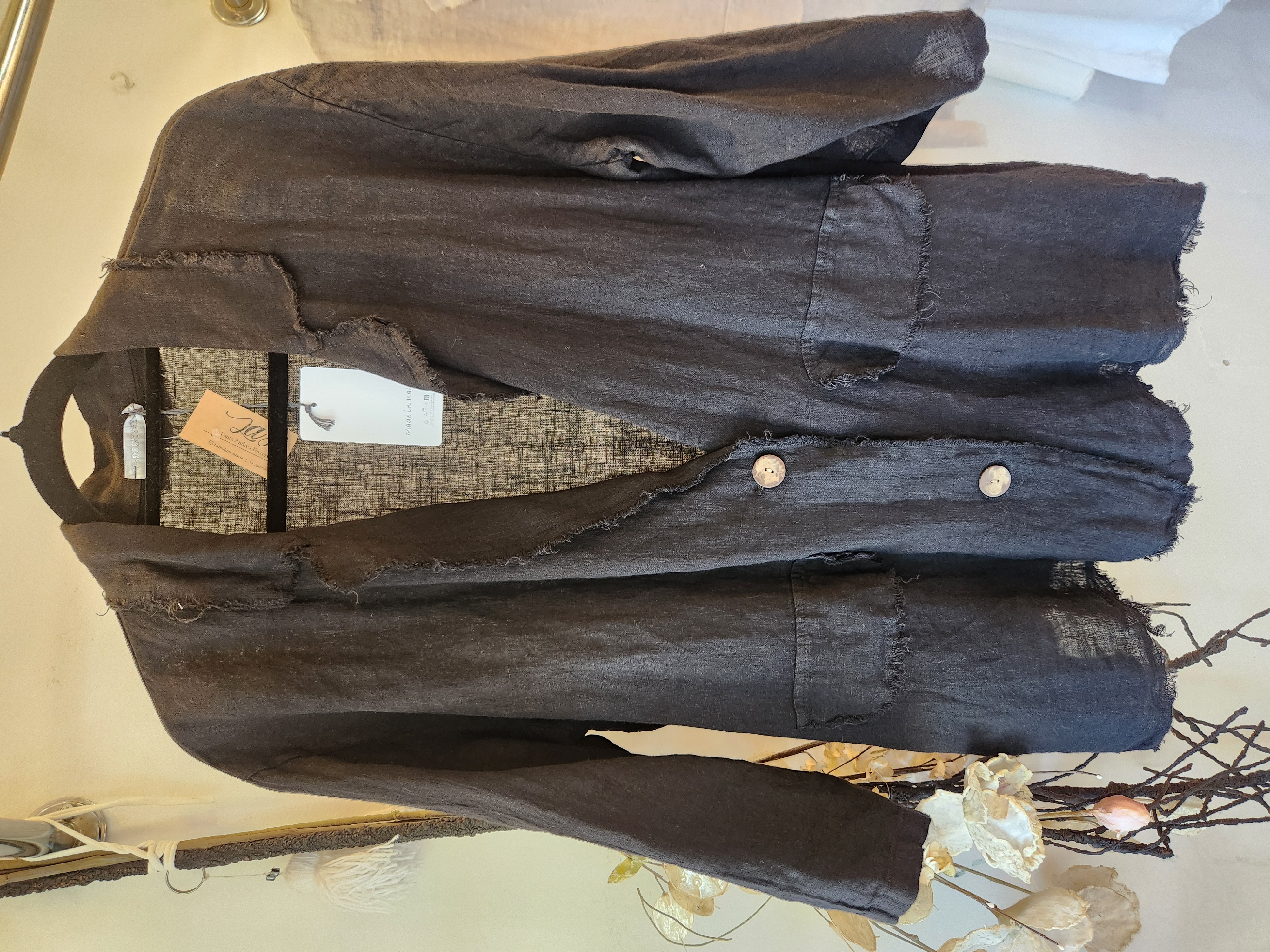 Blazer de lino negro y gris perla