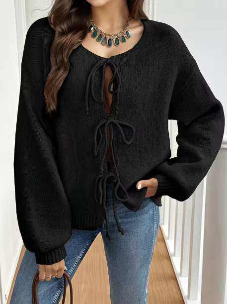 Black Tie-Front Knit Sweater