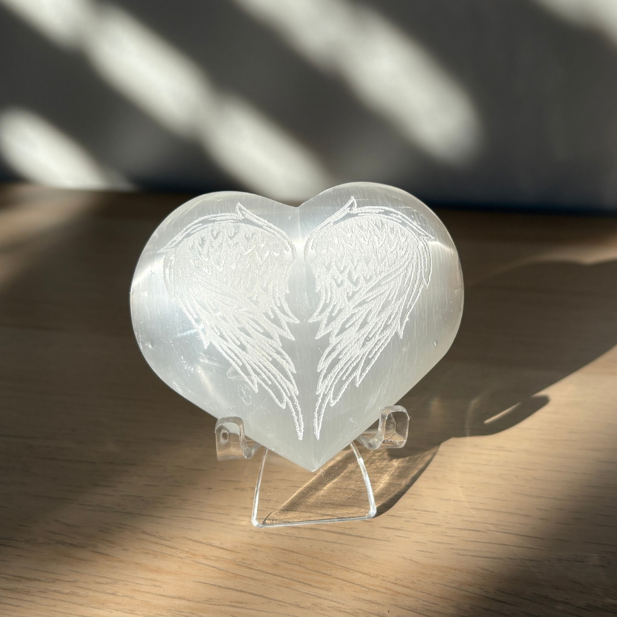 Selenite Heart w/ Engraved Wings 