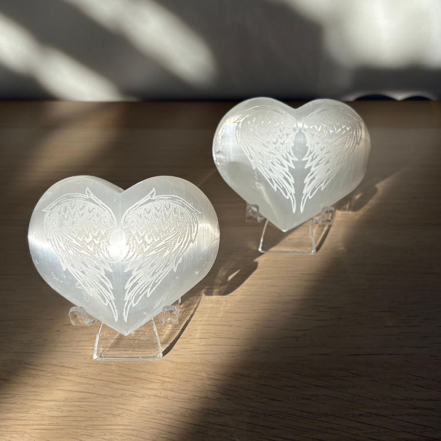 Selenite Heart w/ Engraved Wings