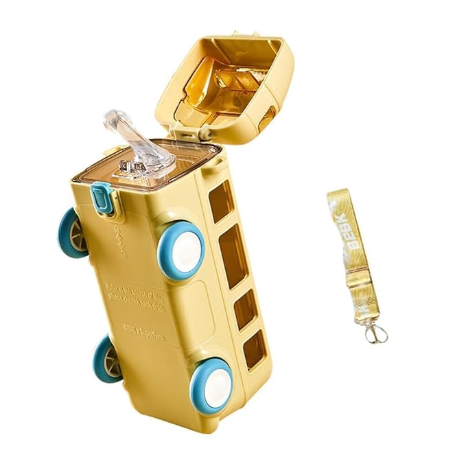 Spocco | Bus Shaped Water Bottle with Moving Wheels | 480 ML Leak-Proof Water Bottle for Kids with Strap & Sipper | WB158