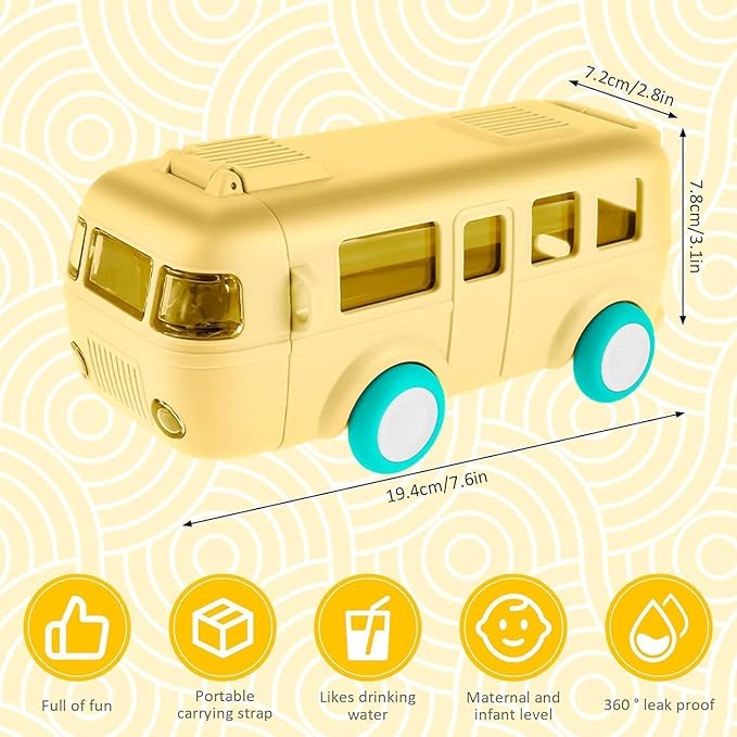 Spocco | Bus Shaped Water Bottle with Moving Wheels | 480 ML Leak-Proof Water Bottle for Kids with Strap & Sipper | WB158