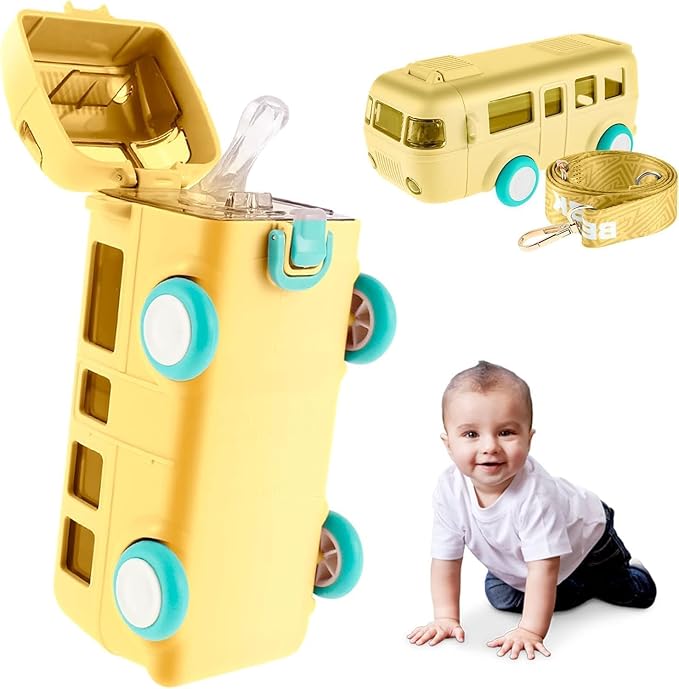 Spocco | Bus Shaped Water Bottle with Moving Wheels | 480 ML Leak-Proof Water Bottle for Kids with Strap & Sipper | WB158