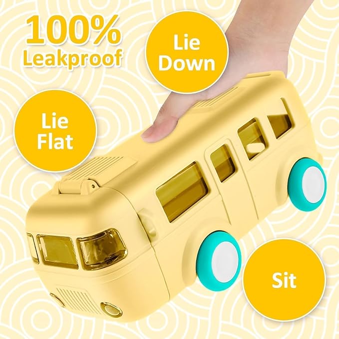 Spocco | Bus Shaped Water Bottle with Moving Wheels | 480 ML Leak-Proof Water Bottle for Kids with Strap & Sipper | WB158