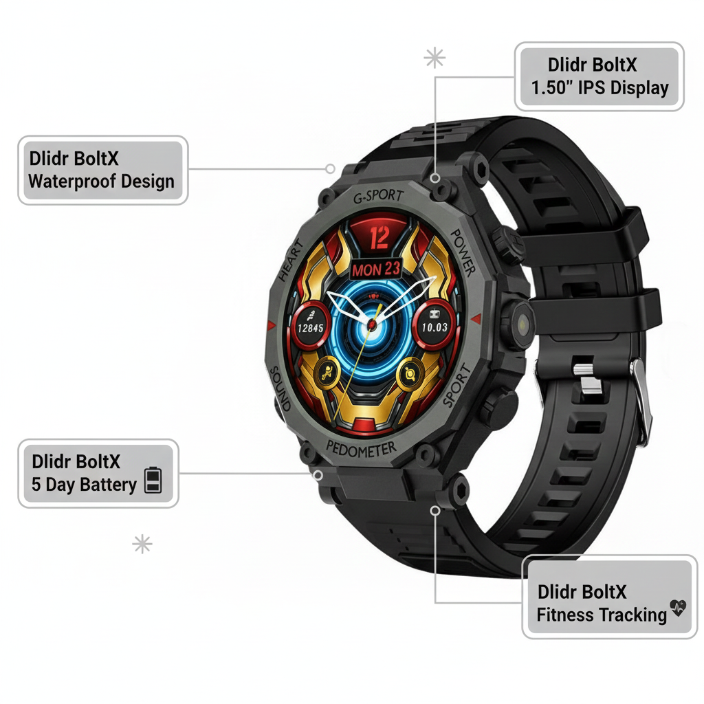 BoltX Smartwatch – Rugged Waterproof Smartwatch with 1.50" IPS Display, Compass, Fitness Tracking & 5-Day Battery