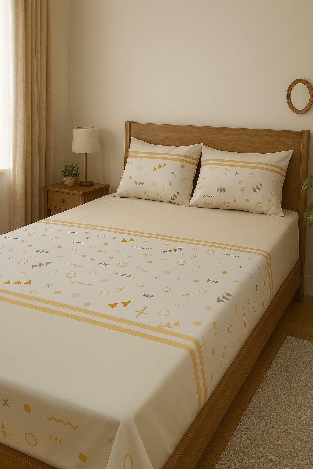 3 PCs Cotton Bed Sheet - Golden Geometry