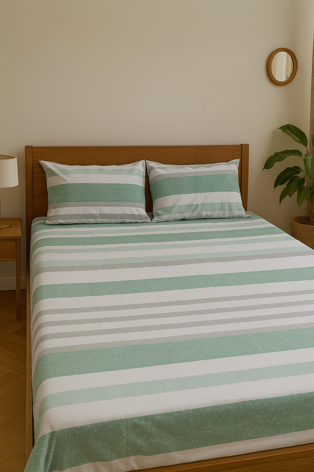 3 PCs Cotton Bed Sheet - Mint Breeze Striped 