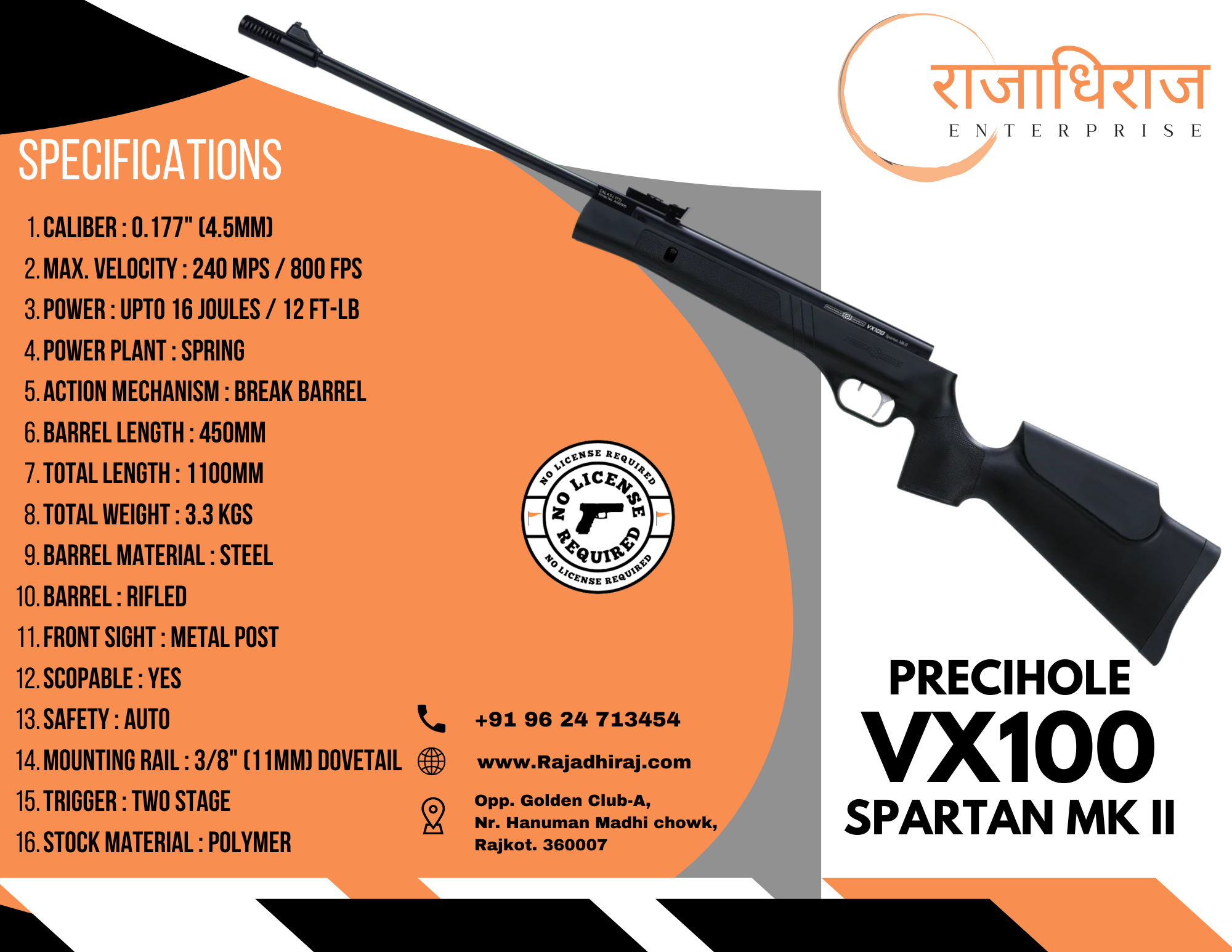 VX100 spartan Mark 2.0 air rifle, 0.177 CAL PRECIHOLE SPORTS