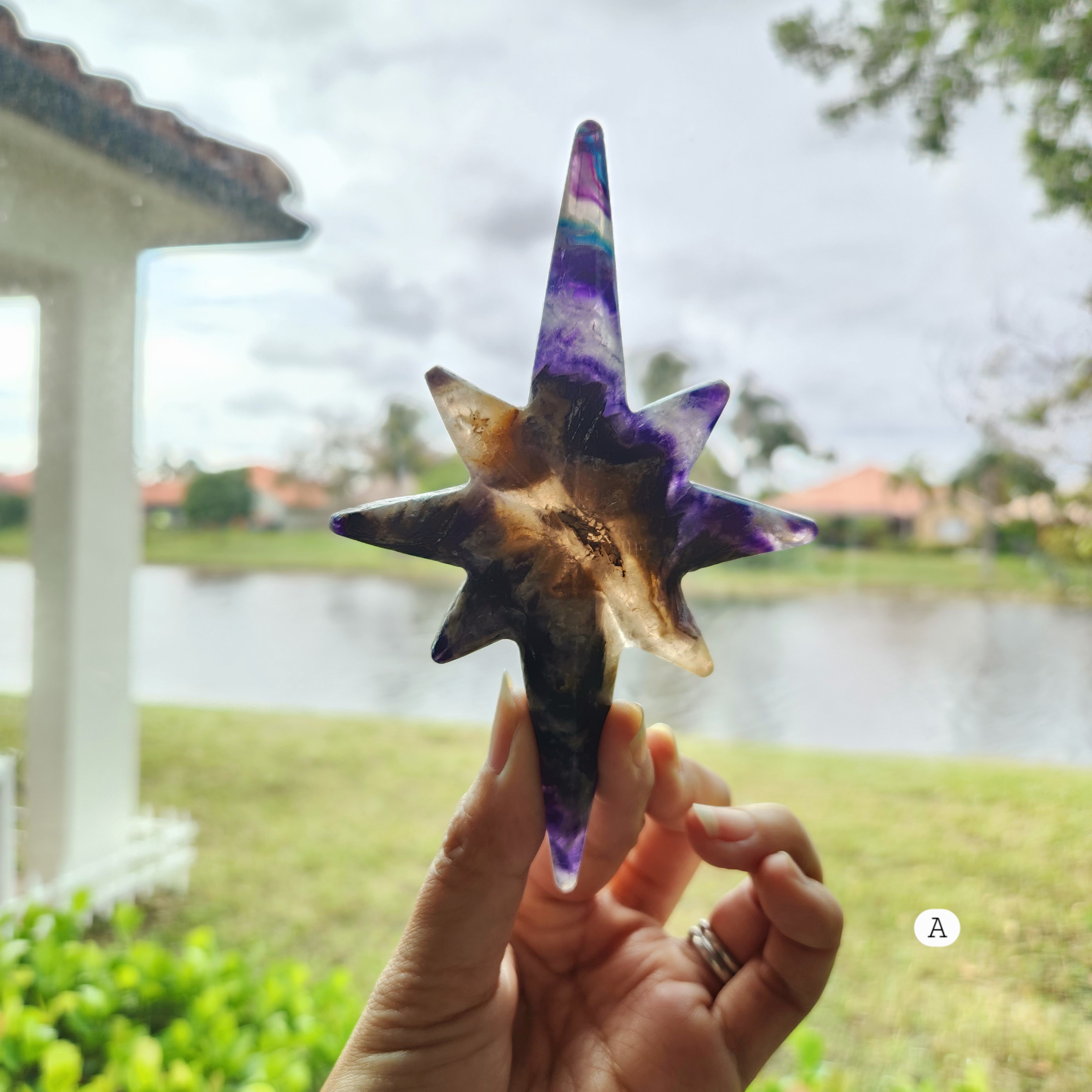 Fluorite Polaris Star •  Rainbow Fluorite Star Polaris • Crystal Starburst on stand