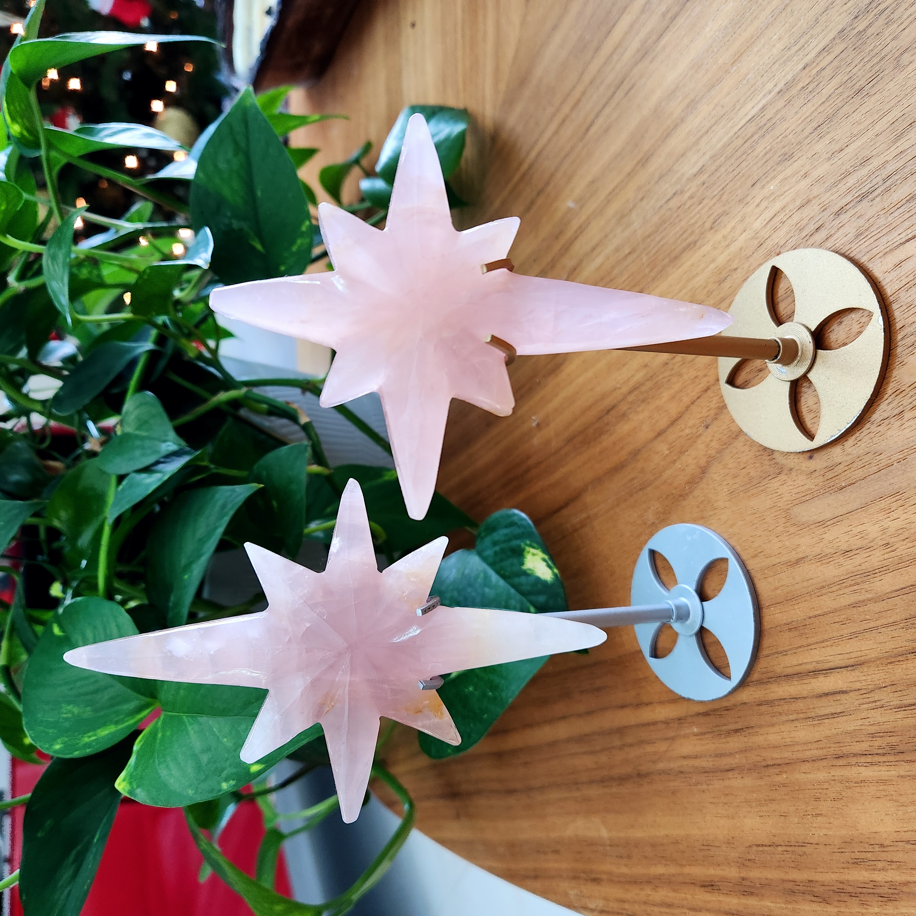 Rose Quartz Polaris on stand • Pink Quartz Star on stand • Pink Rose Quartz Starburst