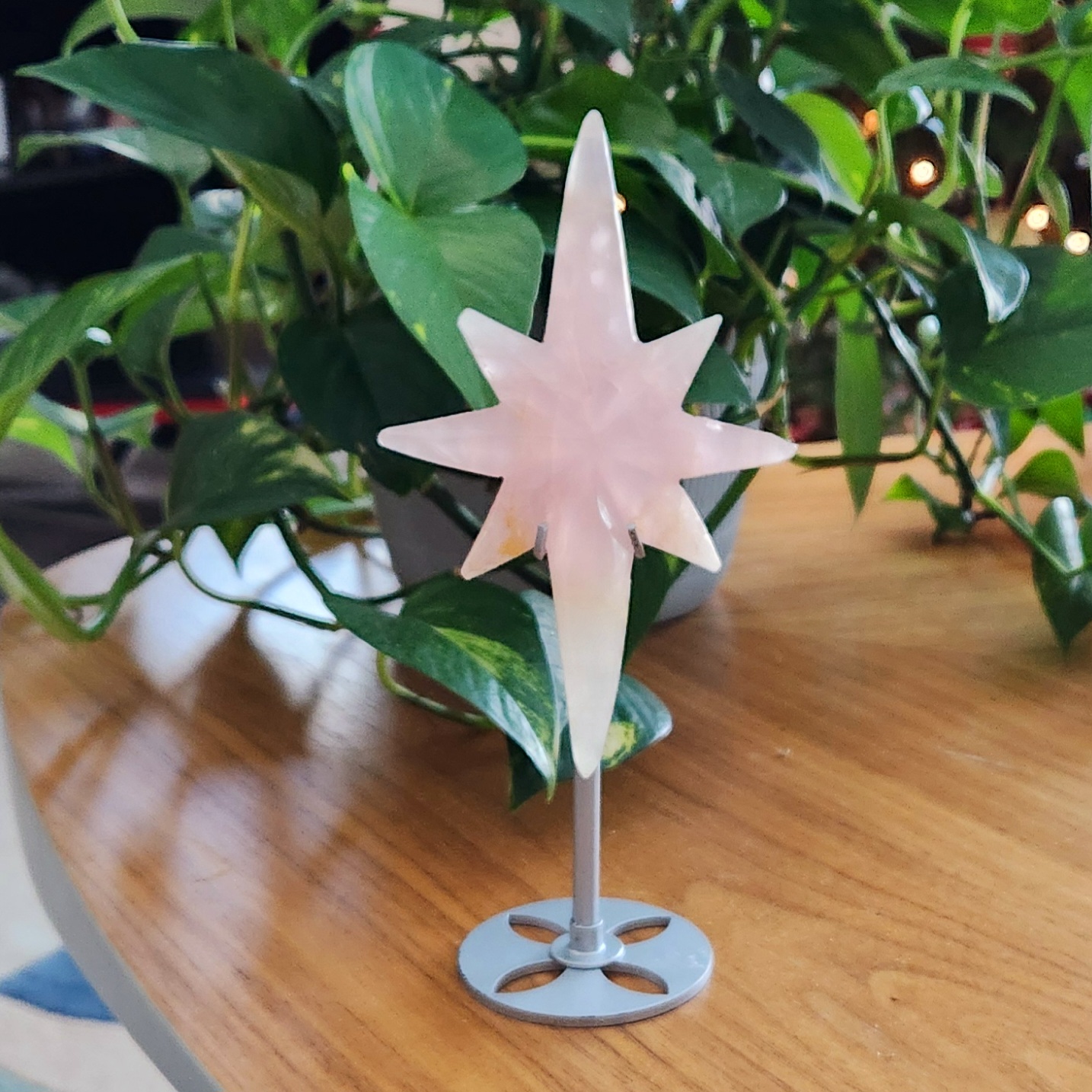 Rose Quartz Polaris on stand • Pink Quartz Star on stand • Pink Rose Quartz Starburst