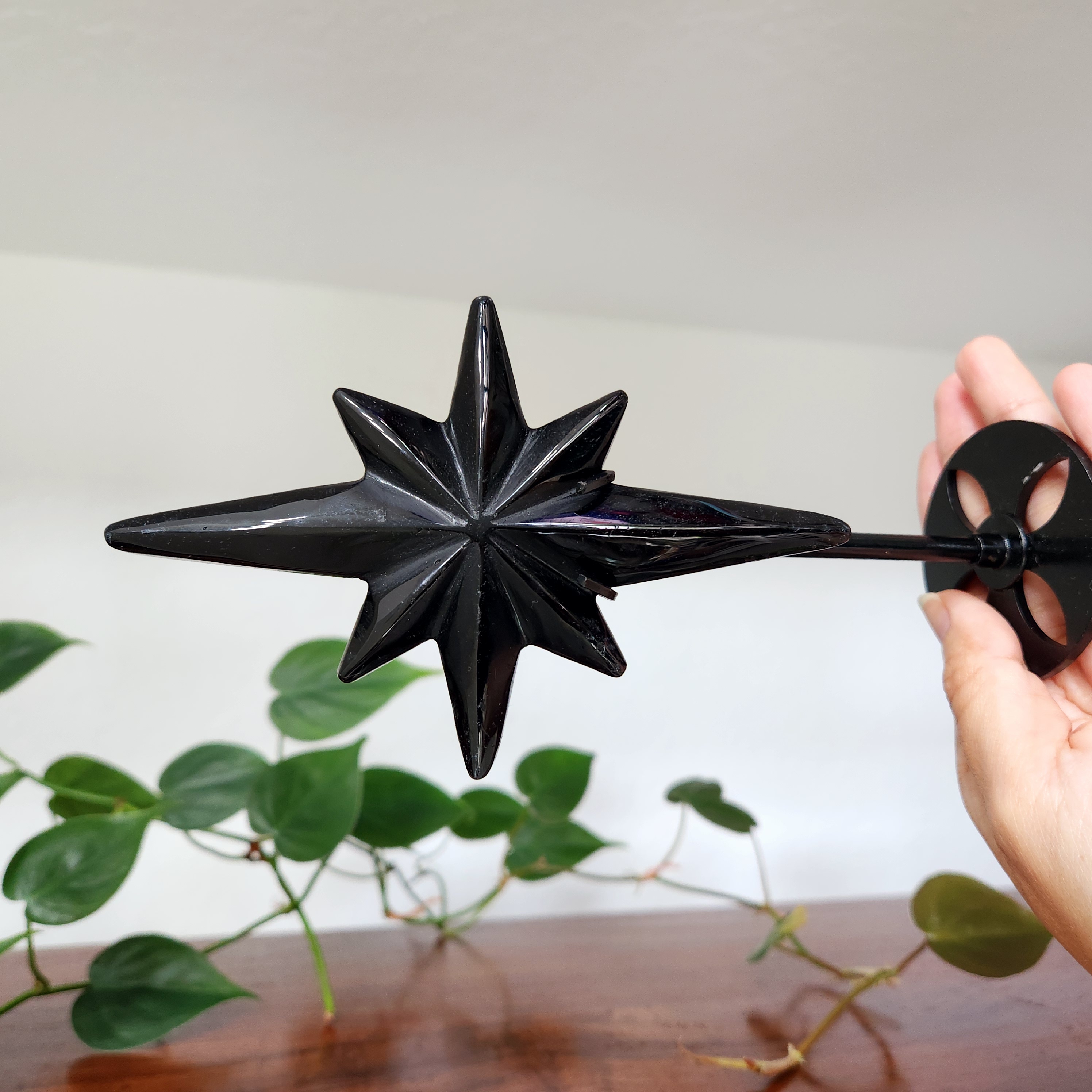 Black Obsidian Polaris on stand - Obsidian Star on stand - Crystal Starburst