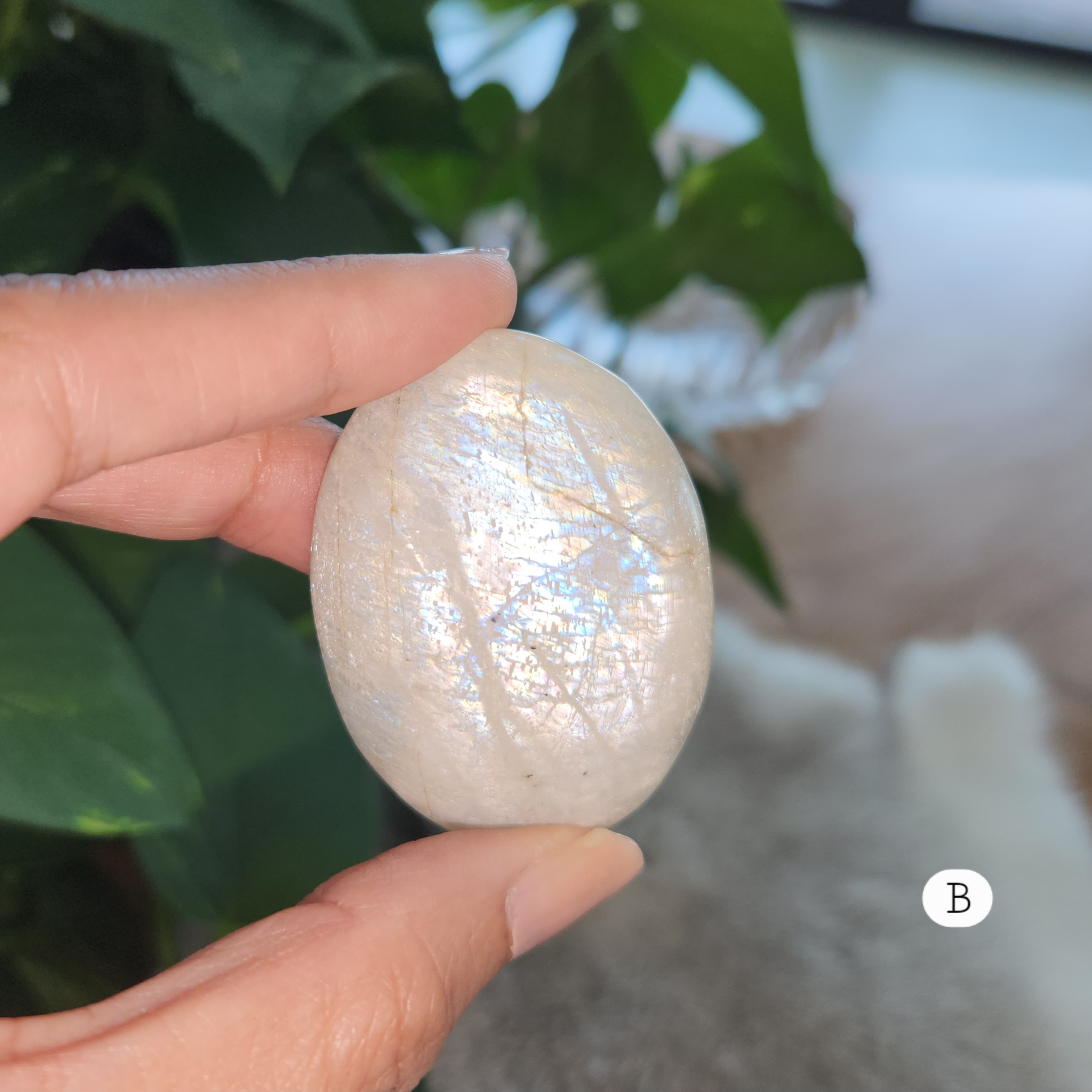 Moonstone Palm Stone, White Moonstone Palmstone, Flashy oval crystal palmstone
