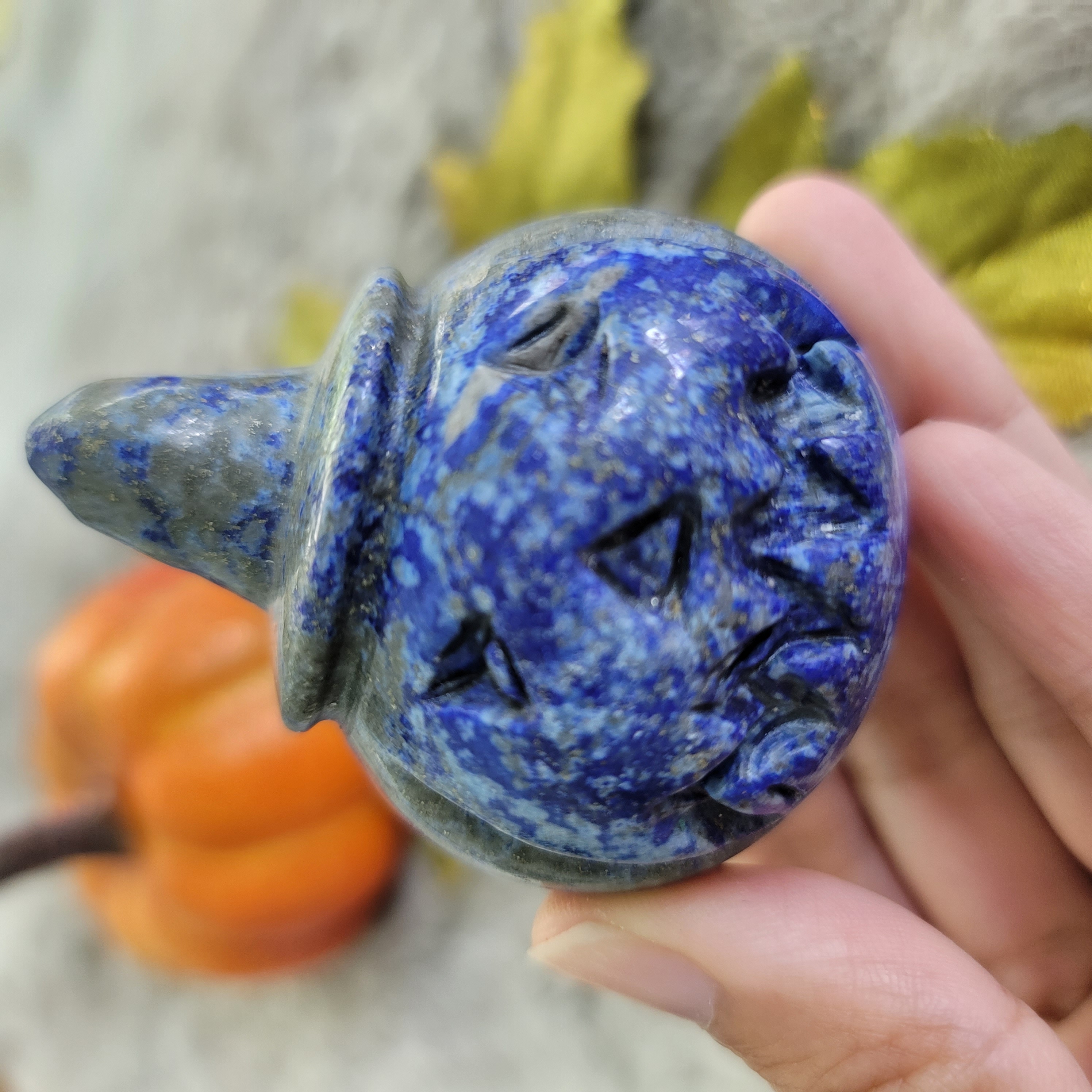 Pumpkin carving, Halloween pumpkin crystal • Jack O Lantern, Labradorite, Jasper, Lapis • Spooky pumpkin- stone pumpkin carving