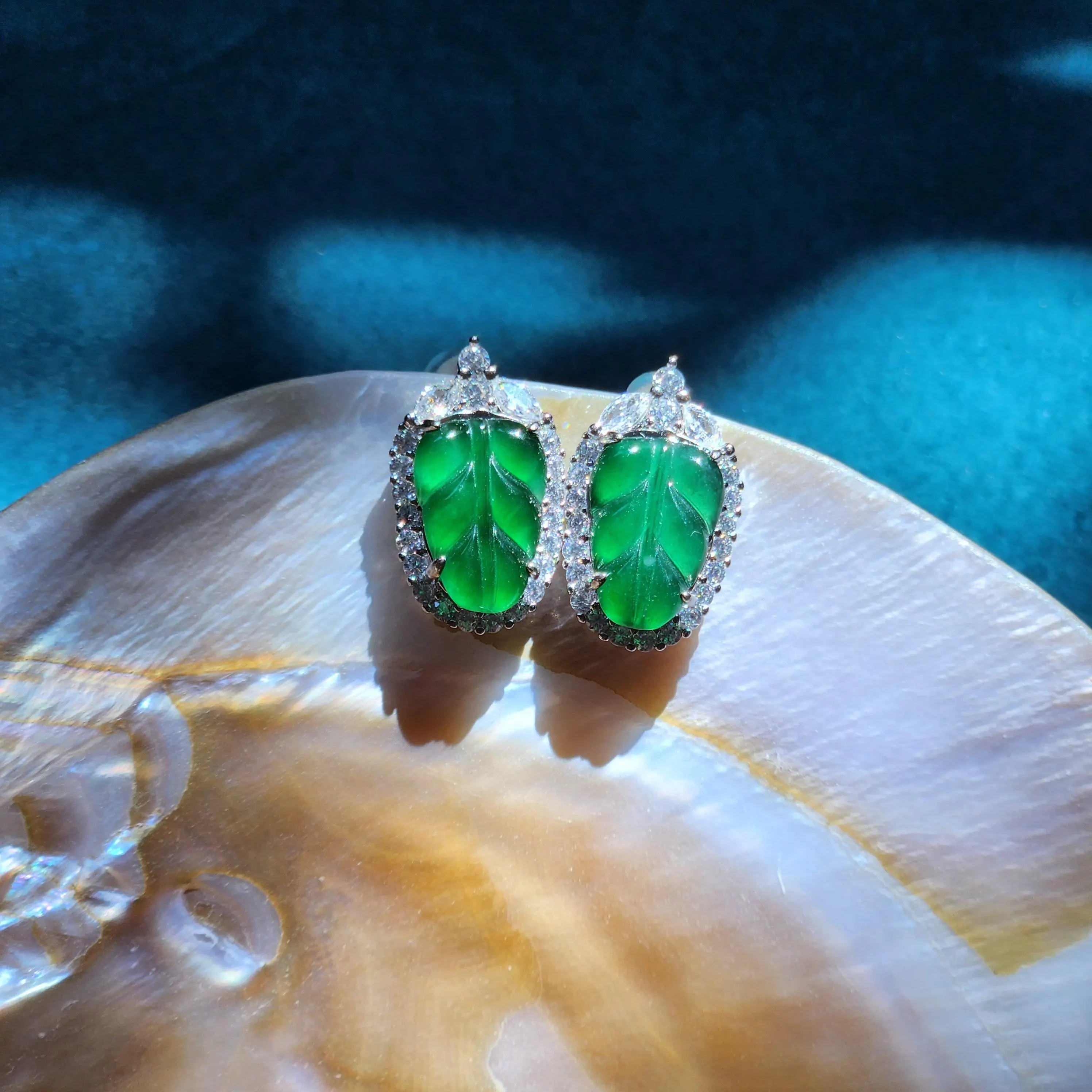 Jade earrings • Burmese green jade leaf stud earrings with cubic zirconia • Healing green Jade dainty classy jewelry gift for her