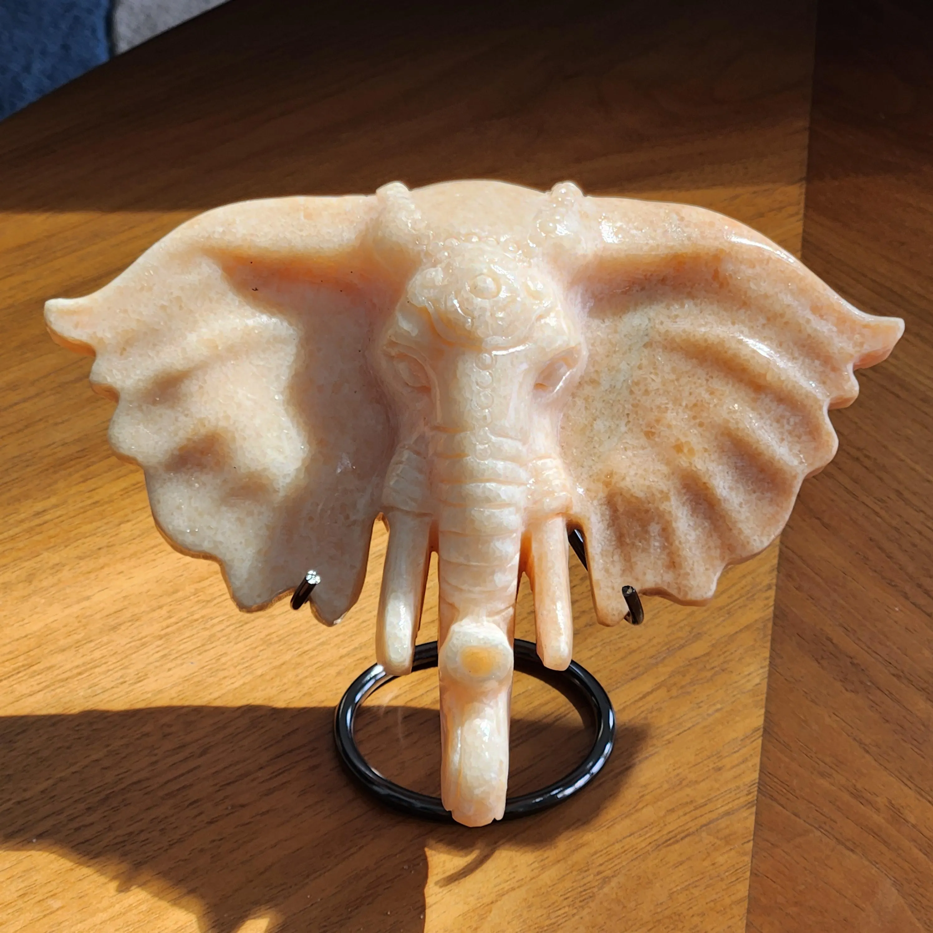 Orange Calcite crystal Elephant • 8" wide Orange Calcite Elephant head carving • 