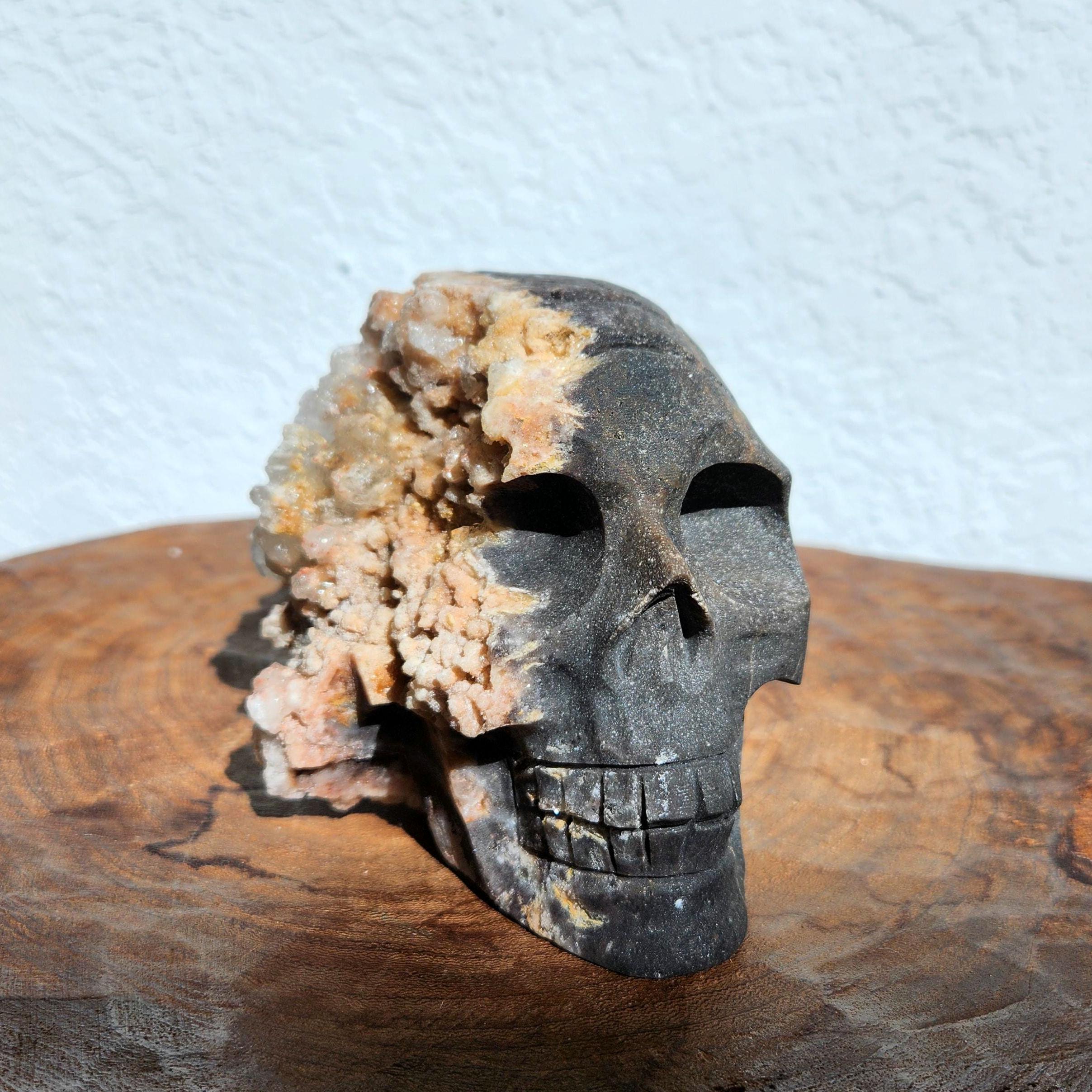Quartz skull • 5" Amber calcite crystal skull • Raw druzy amber quartz cluster skull head