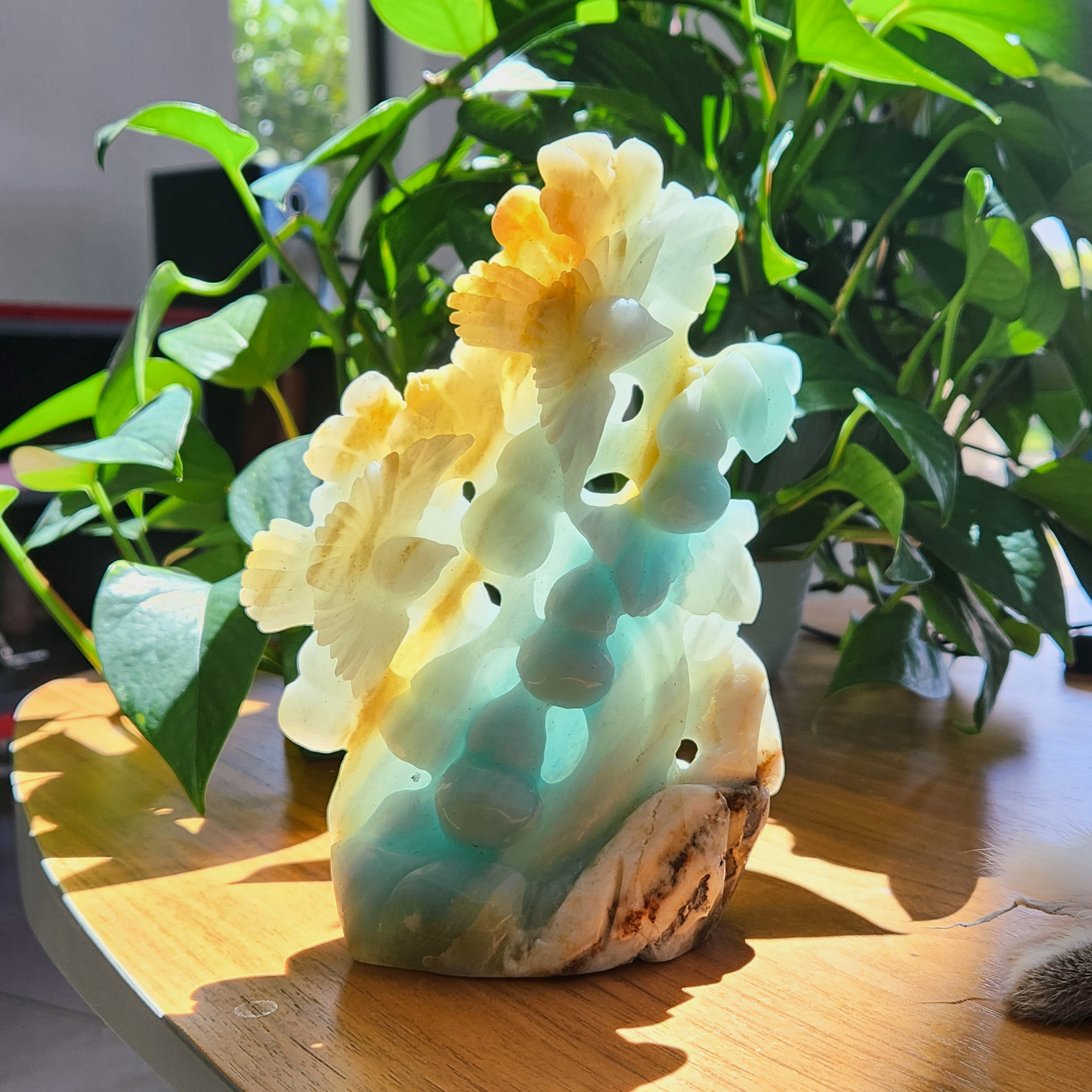 Amazonite Tree carving • 6.6" Crystal Flower, Bird Blossom Flower Tree • 