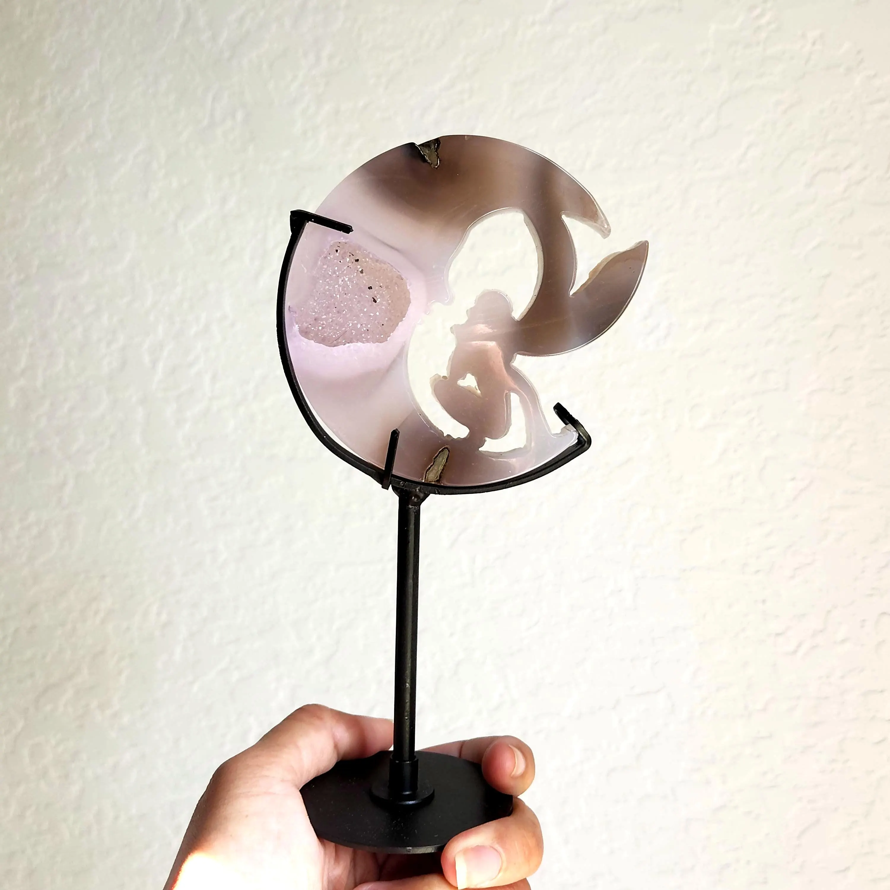 Agate Moon Fairy • 7" Pink Druzy Agate Moon with fairy on stand • Agate Crescent Moon Fairy on stand