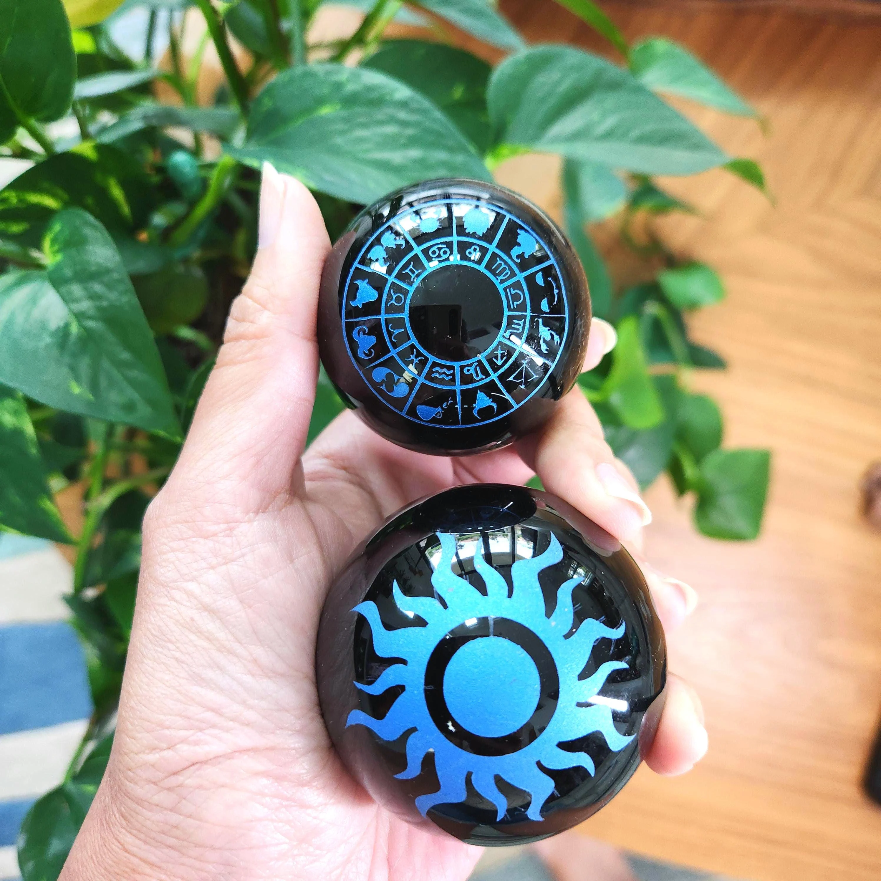 Engraved Black Obsidian Crystal Sphere • Obsidian Sun sphere • Obsidian Zodiac sphere •