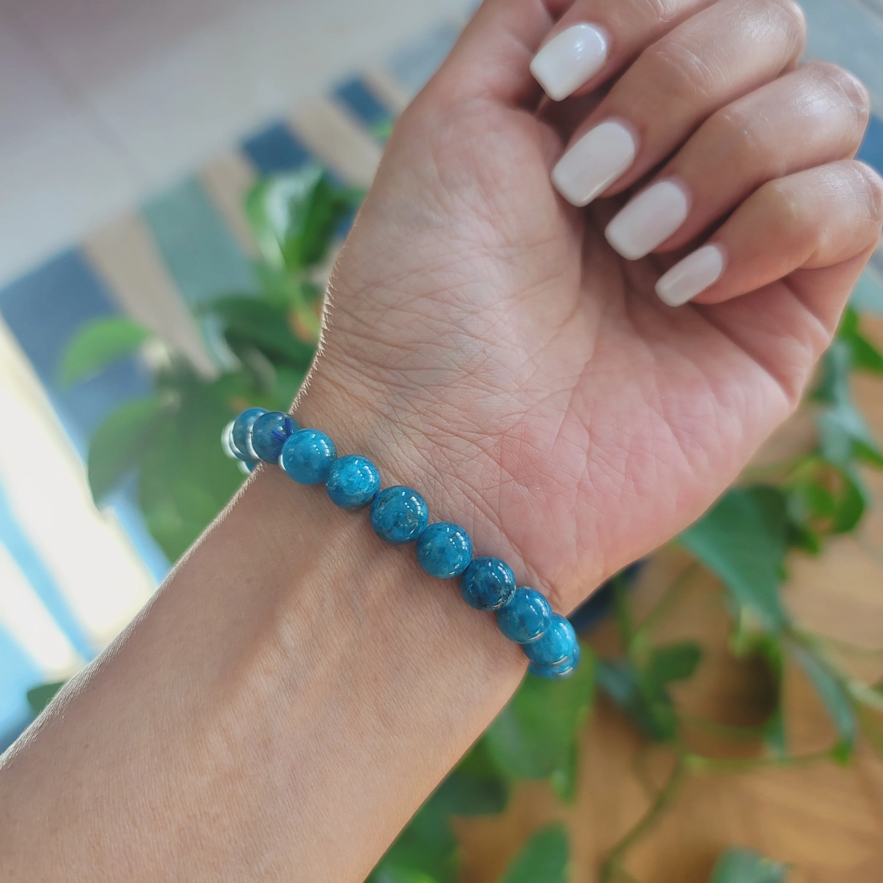 Blue Apatite Gemstone Crystal Bracelet • 8mm Healing Crystal Bracelet • 