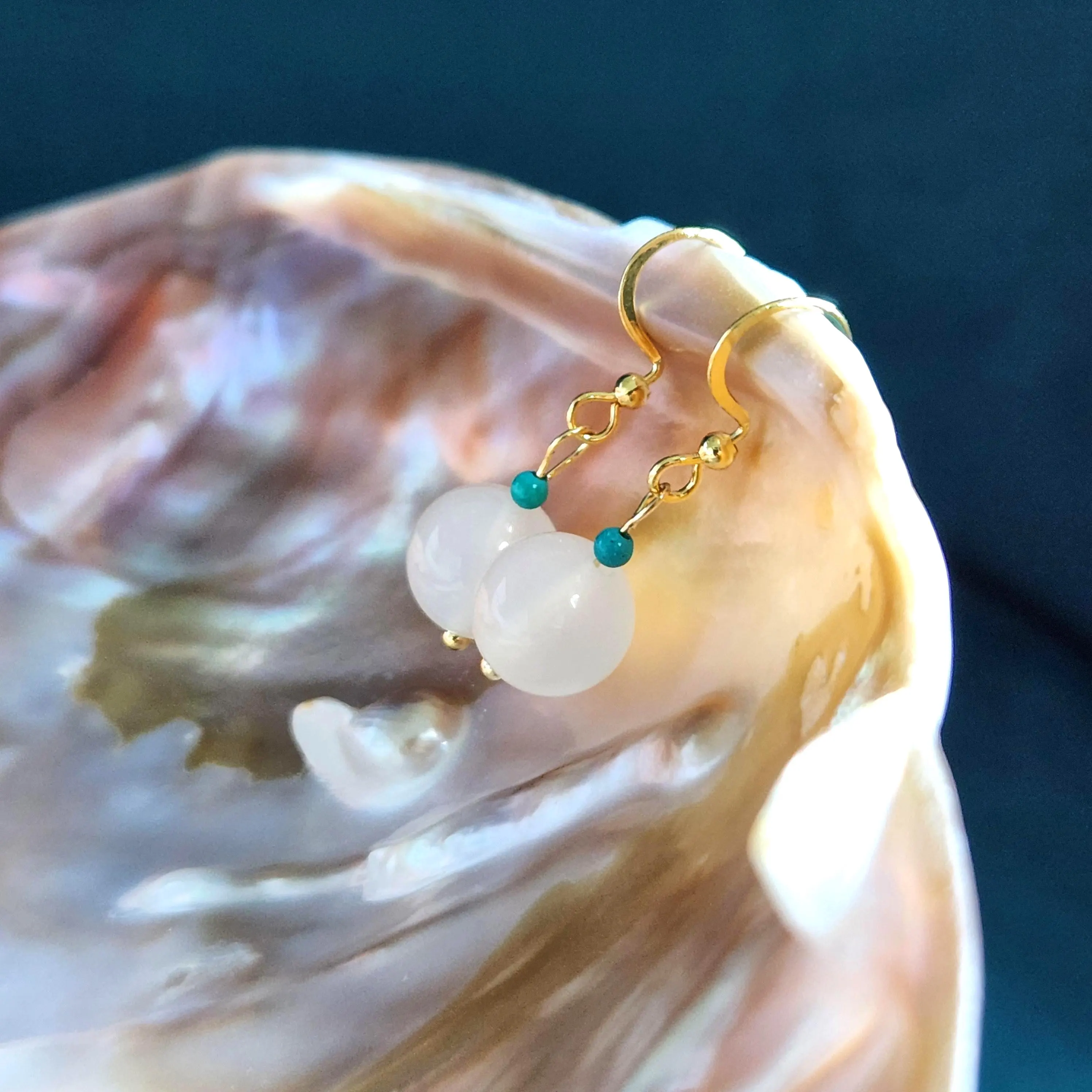 Jade earring • White Afghan Jade gemstone round bead drop earring on gold plated S hook •