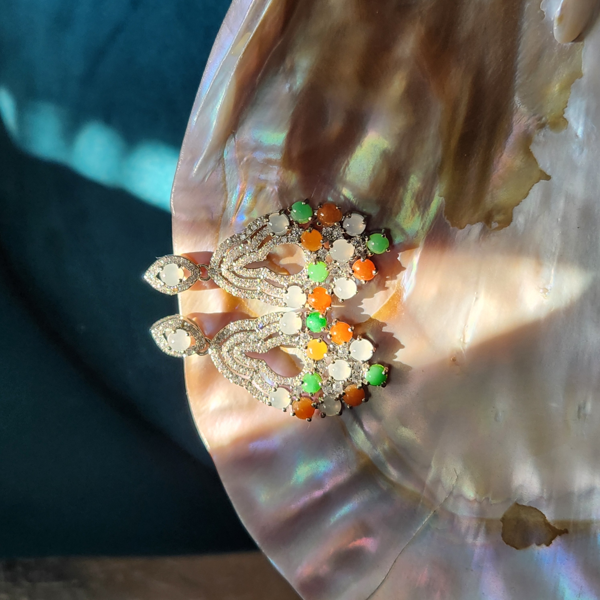 Teardrop earrings • Burmese jade earrings with orange, white, green jade cubic zirconia • dangling earrings • Jade jewelry gift for her