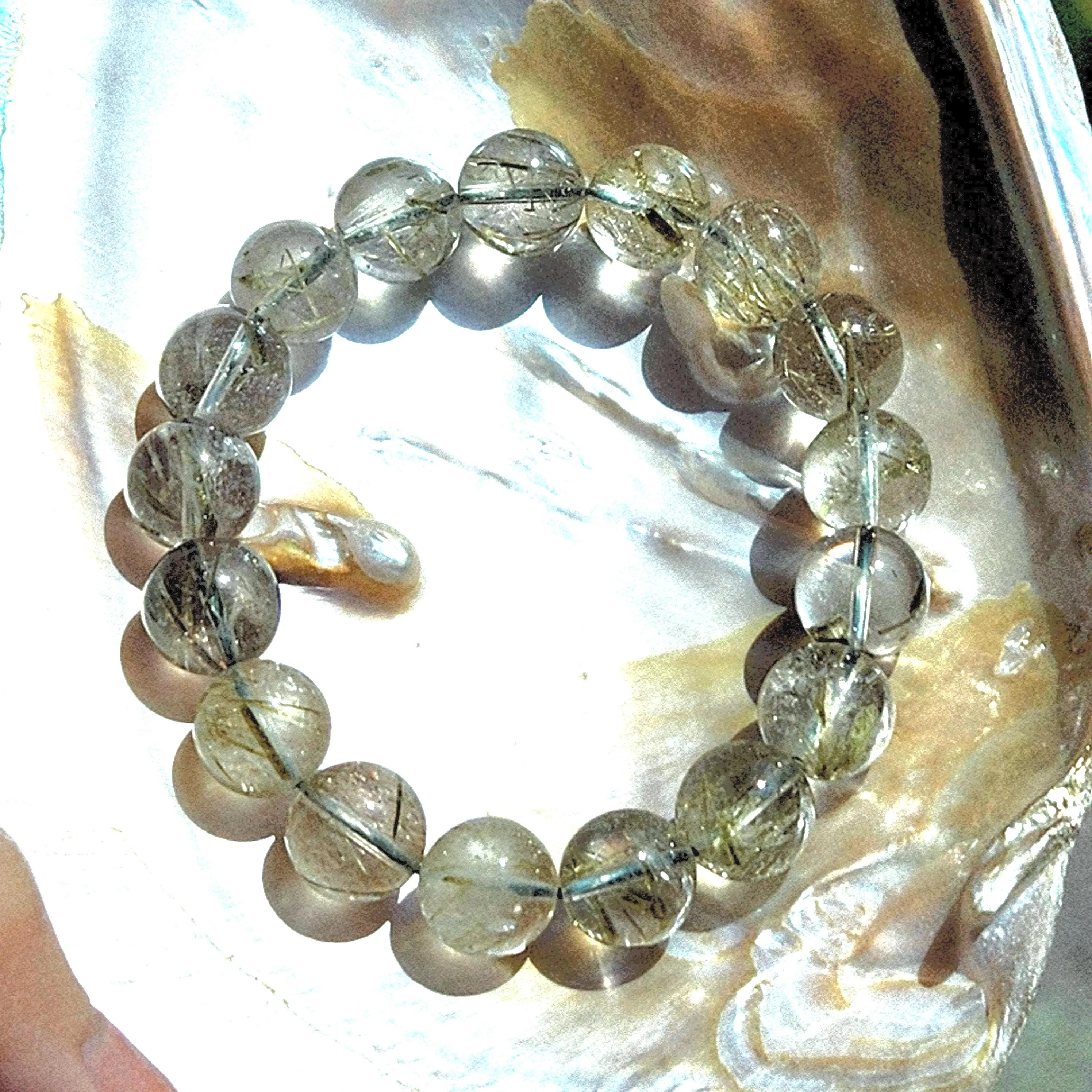 Green Tourmaline bracelet • 12mm round bead Tourmaline in Quartz crystal bracelet jewelry