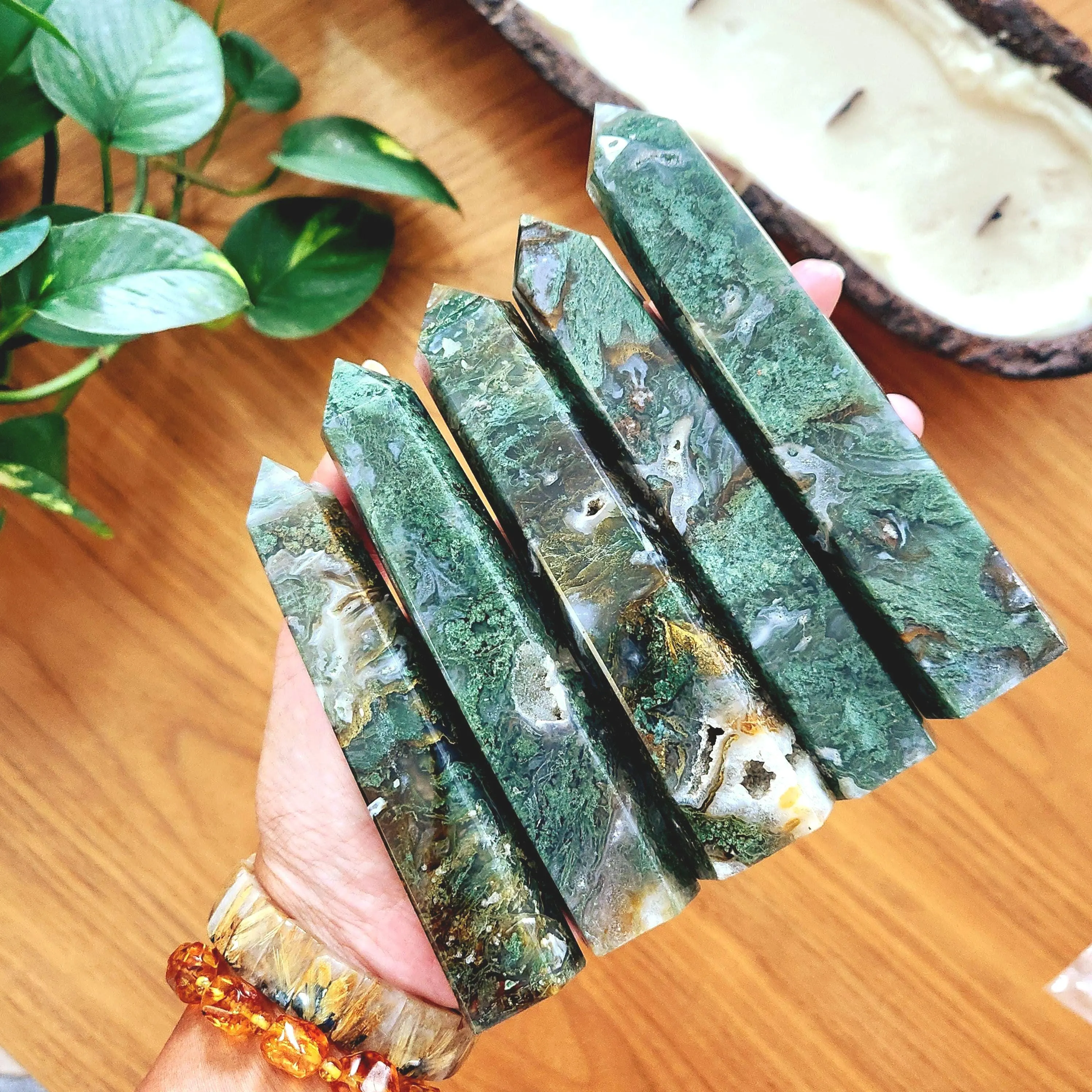 Moss Agate Tower, 6" Moss agate point• Sea Moss obelisk • Green moss healing tower • Mineral specimen • Crystal Home Decor Healing crystal