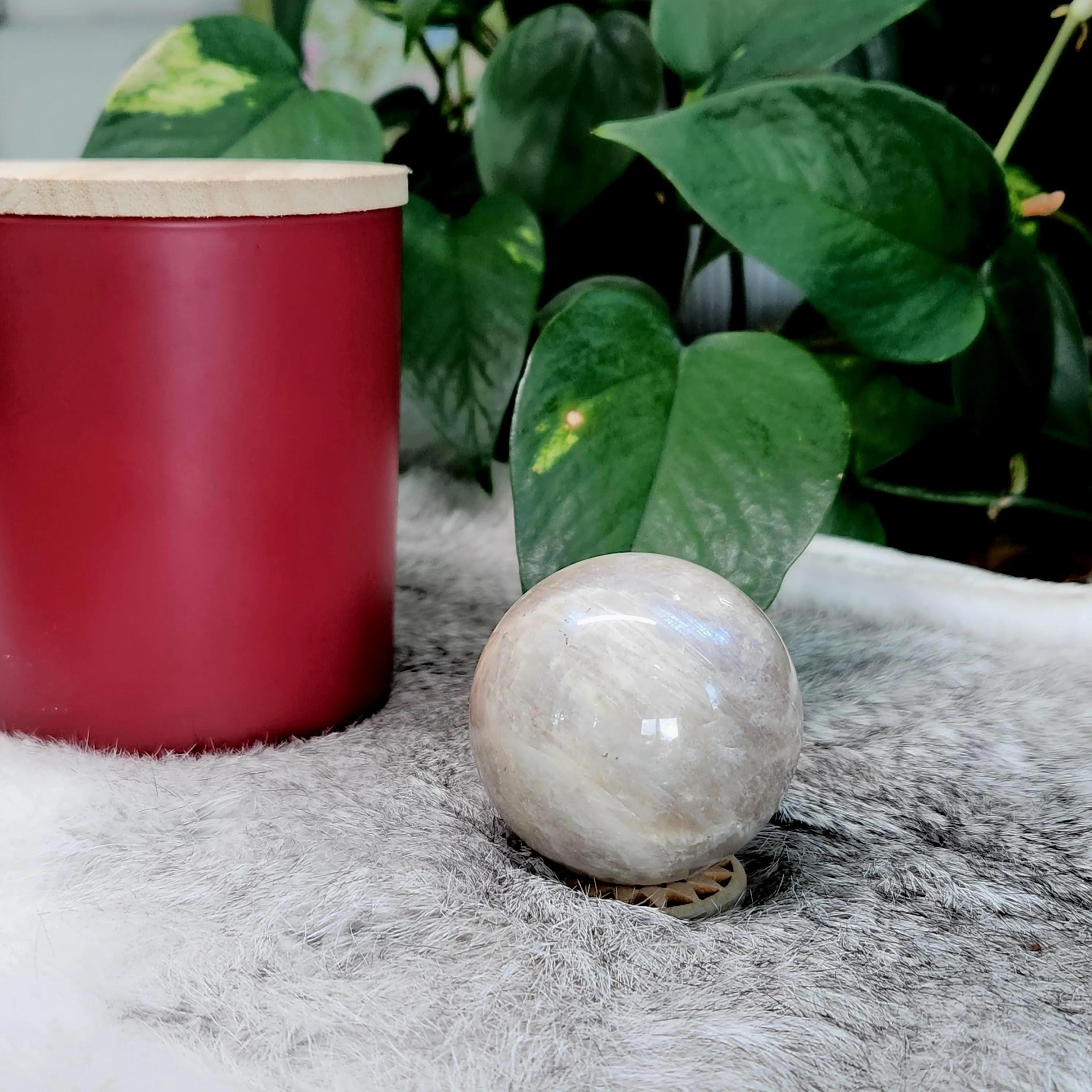 Moonstone Sphere • 50mm Flashy Moonstone, Blue and White flashes •   