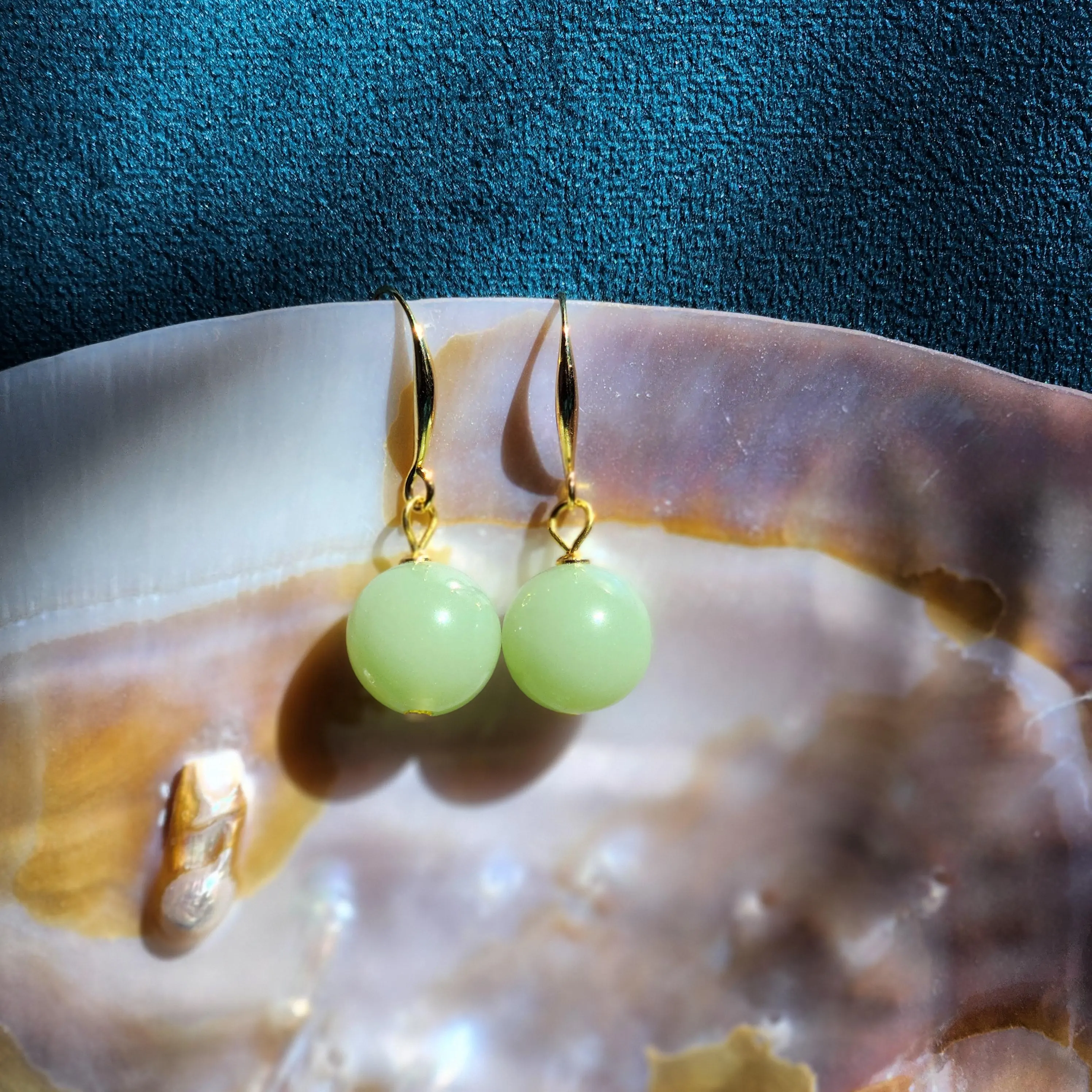 Jadeite earring • Apple olive green round bead drop earring with gold plated S hook • 