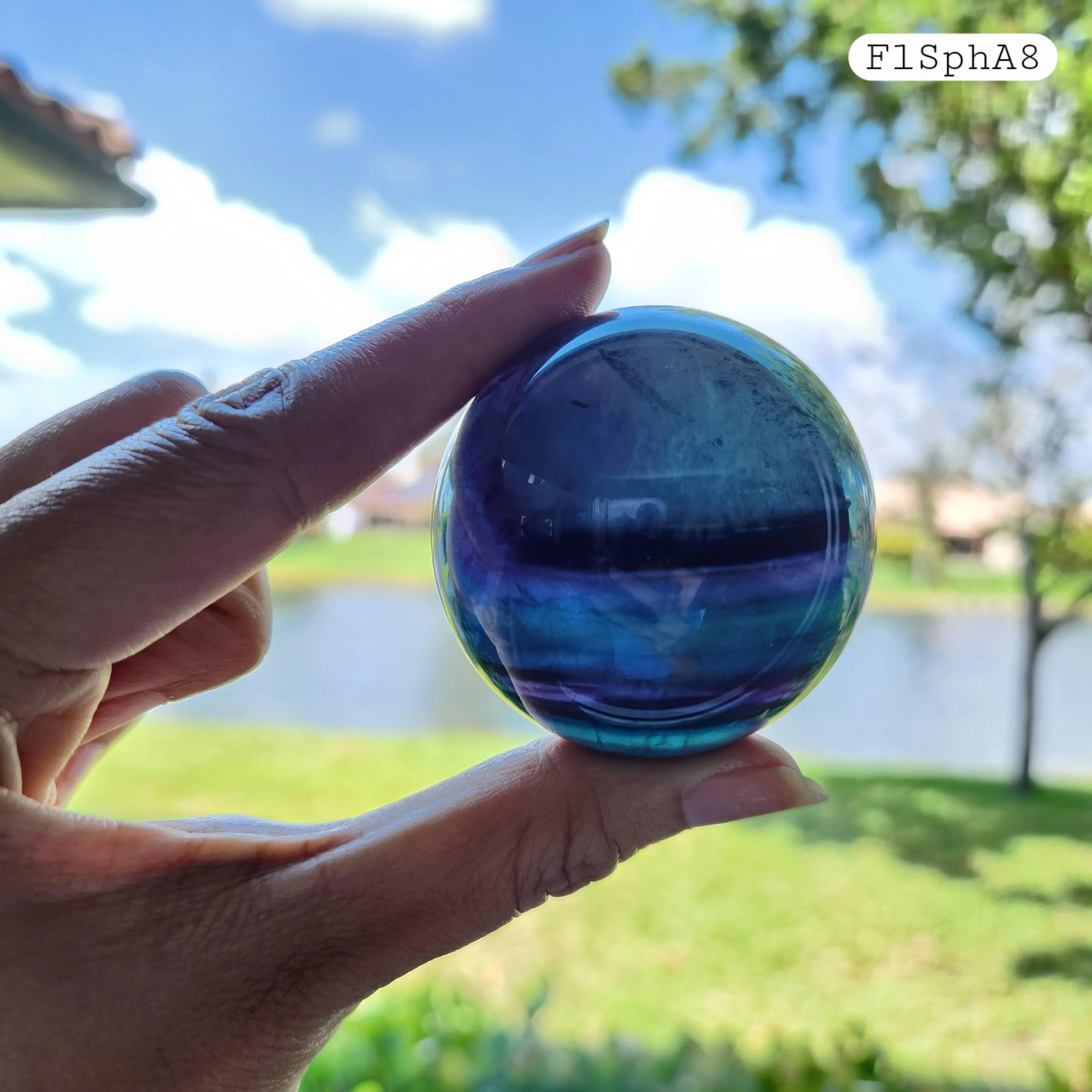 Fluorite sphere • 2" Rainbow Fluorite Banded Feather Fluorite Crystal Sphere