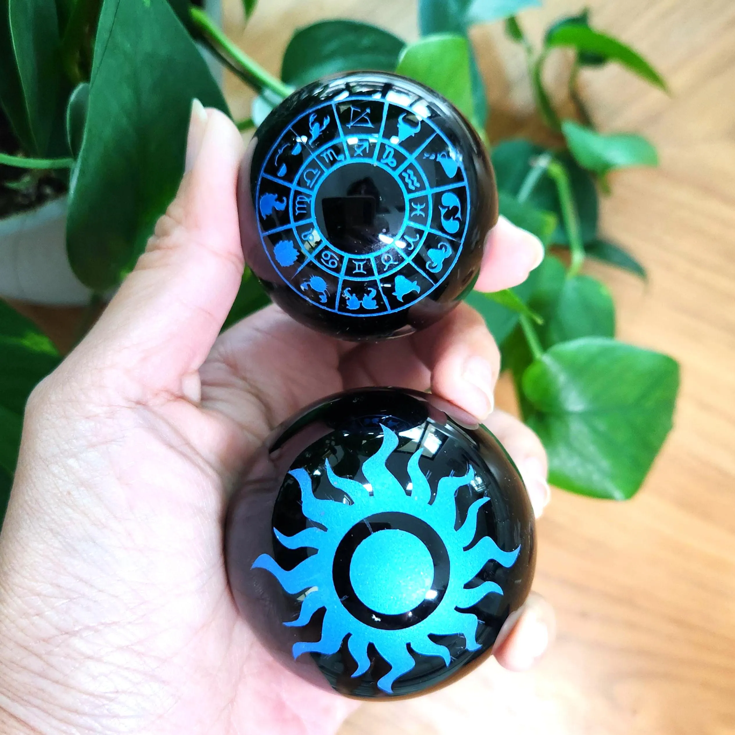 Engraved Black Obsidian Crystal Sphere • Obsidian Sun sphere • Obsidian Zodiac sphere •