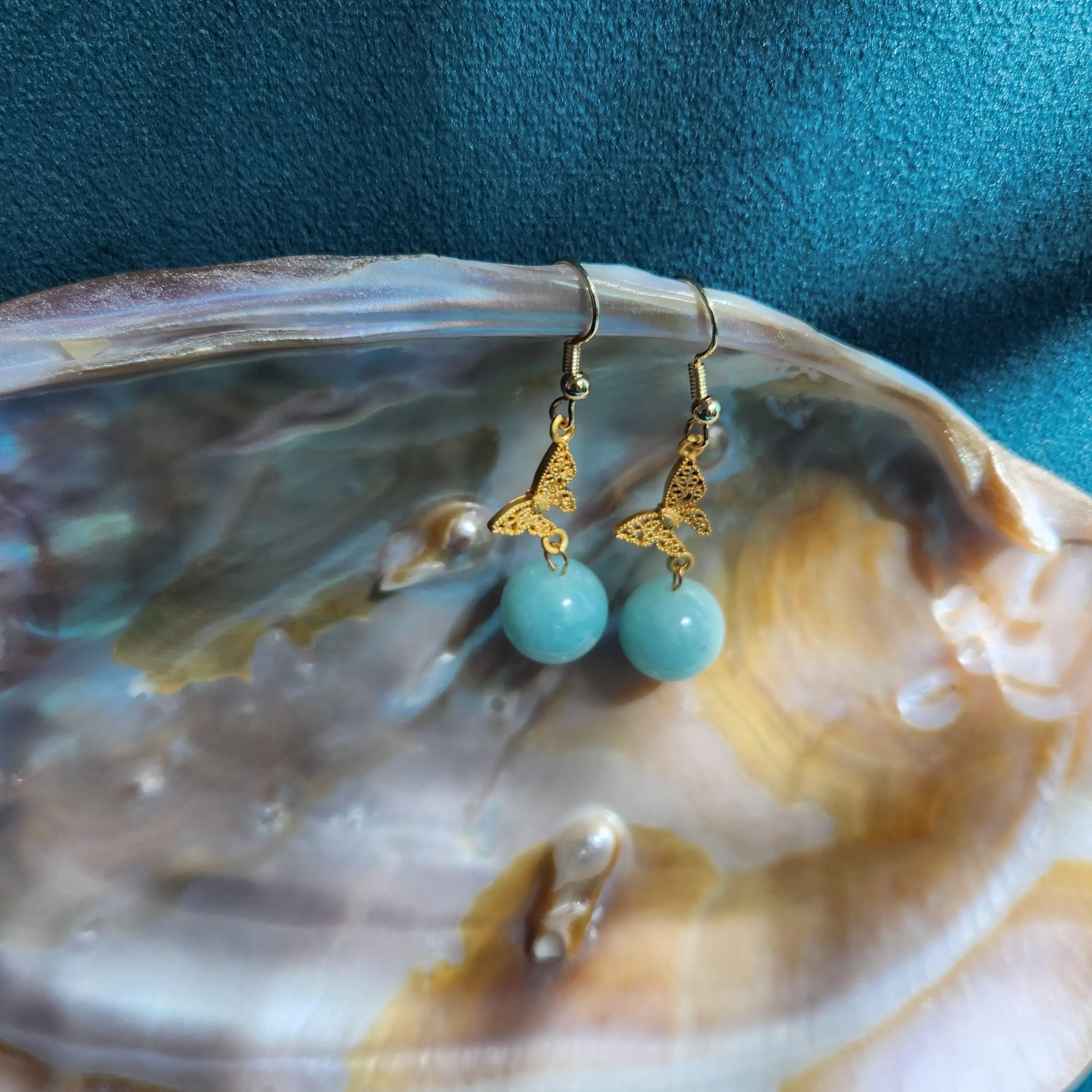 Amazonite drop earring • Crystal Amazonite gold plated S hook earring with butterfly •