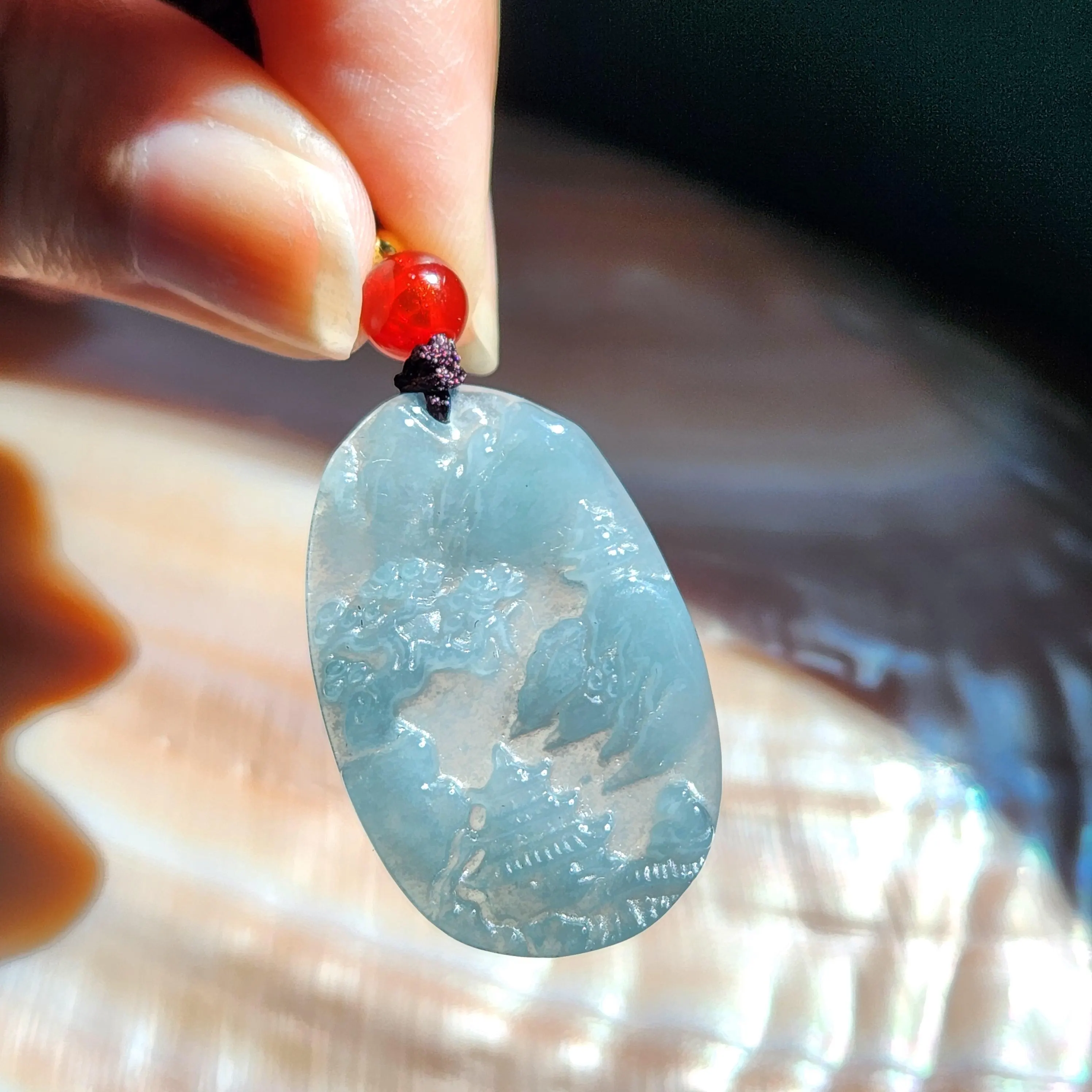 Jade pendant necklace landscape carving • Hand carved Blue Burmese jade jewelry • Jade jewelry gift for her