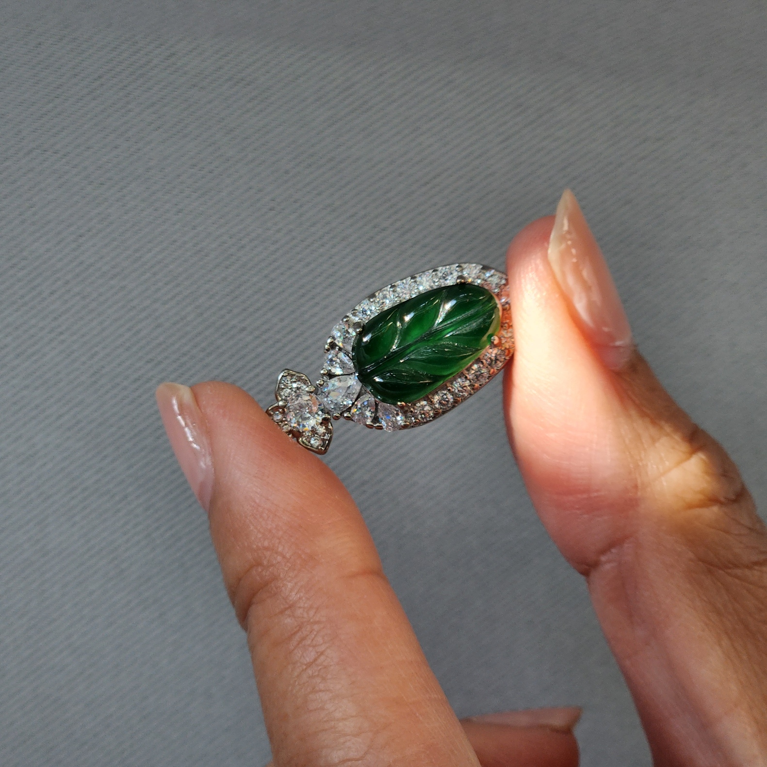 Jade pendant • Burmese green jade leaf pendant with cubic zirconia • Healing green Jade dainty classy jewelry gift for her