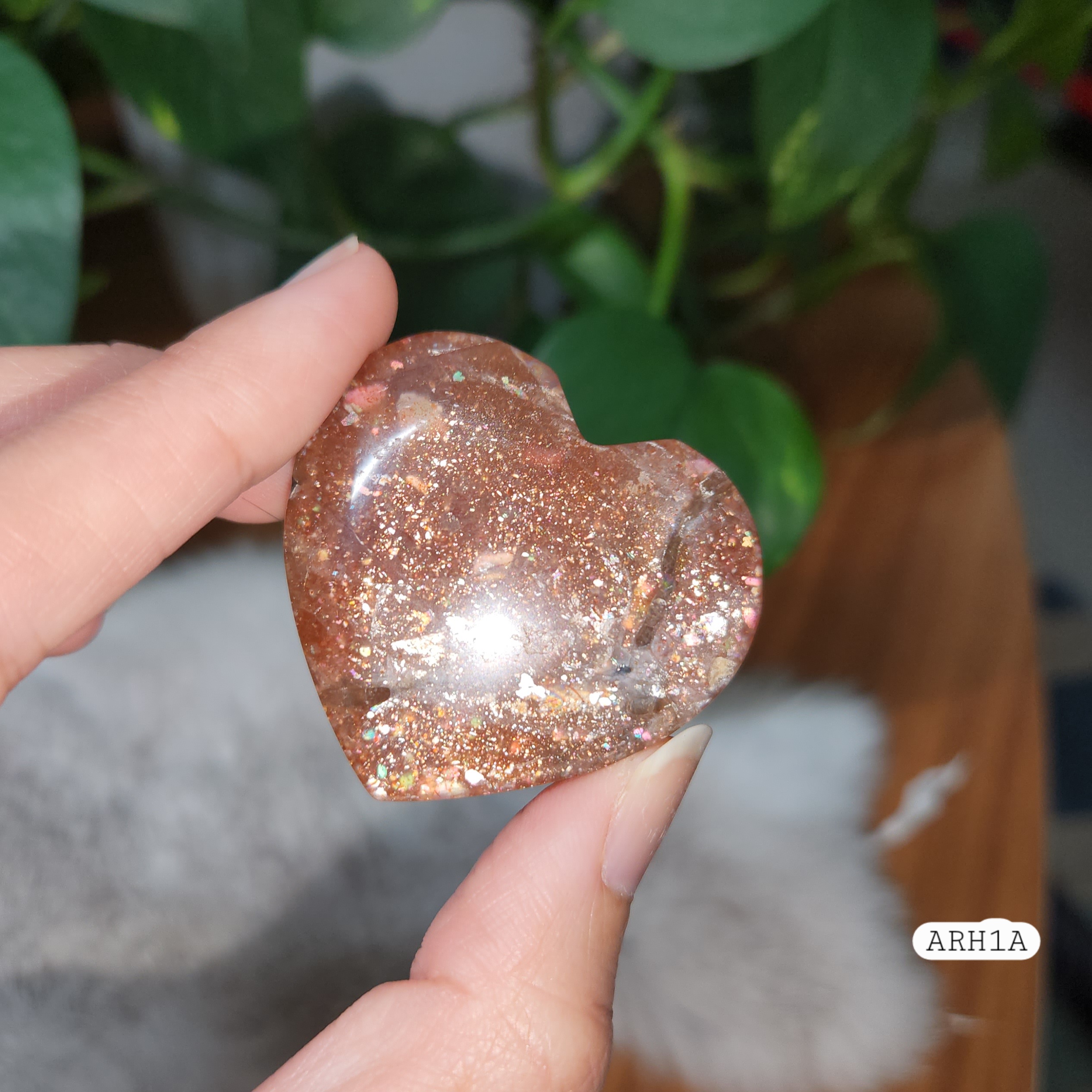 Arusha Sunstone Heart • 1.8" flashy Arusha gemstone crystal heart • High grade, rainbow confetti Arusha sunstone