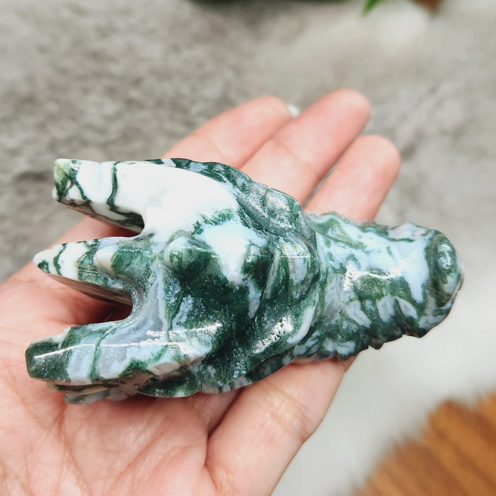 Moss Agate Dragon Head, 3" Moss Agate Dragon Skull Head, Blue Green Sea Moss Dragonhead  