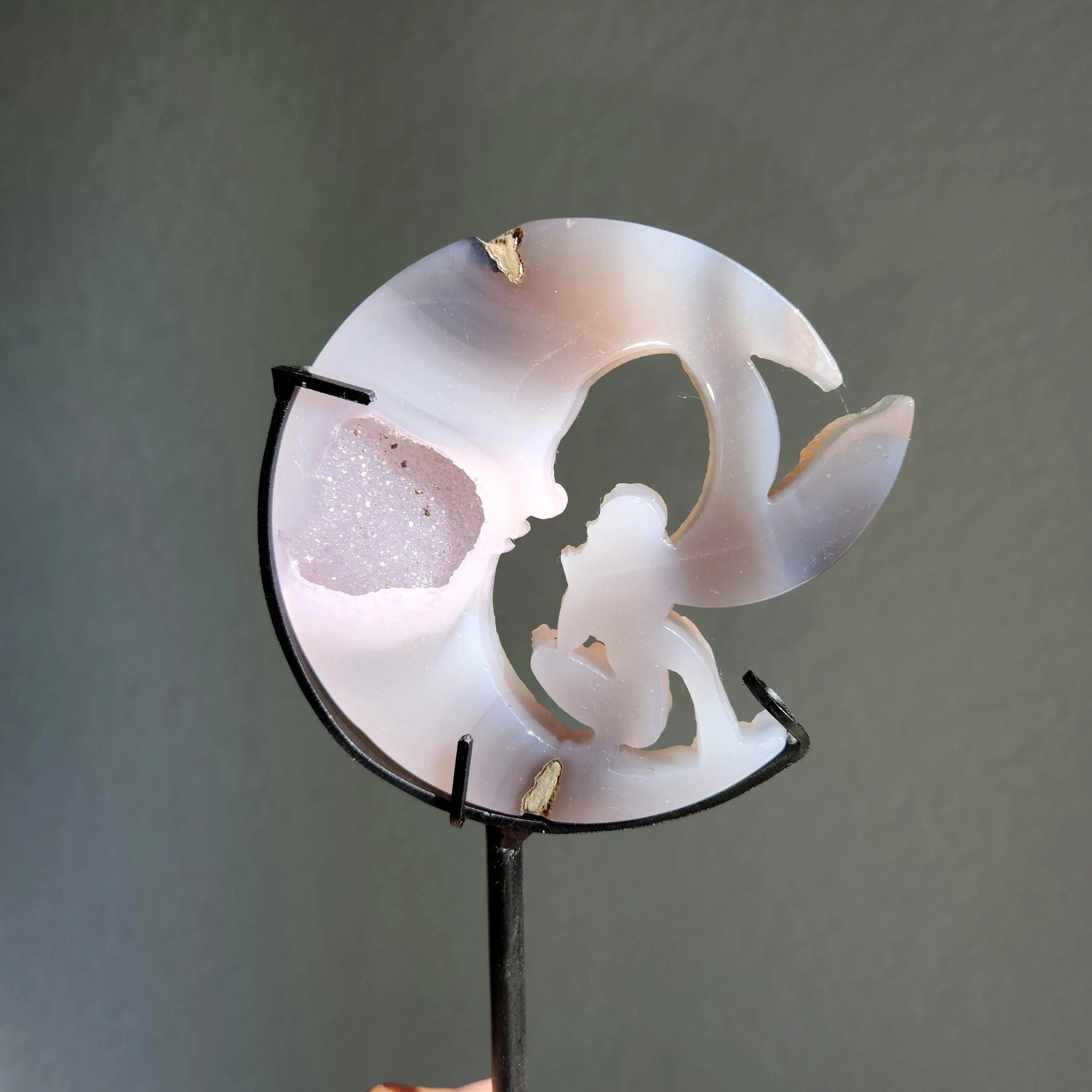 Agate Moon Fairy • 7" Pink Druzy Agate Moon with fairy on stand • Agate Crescent Moon Fairy on stand