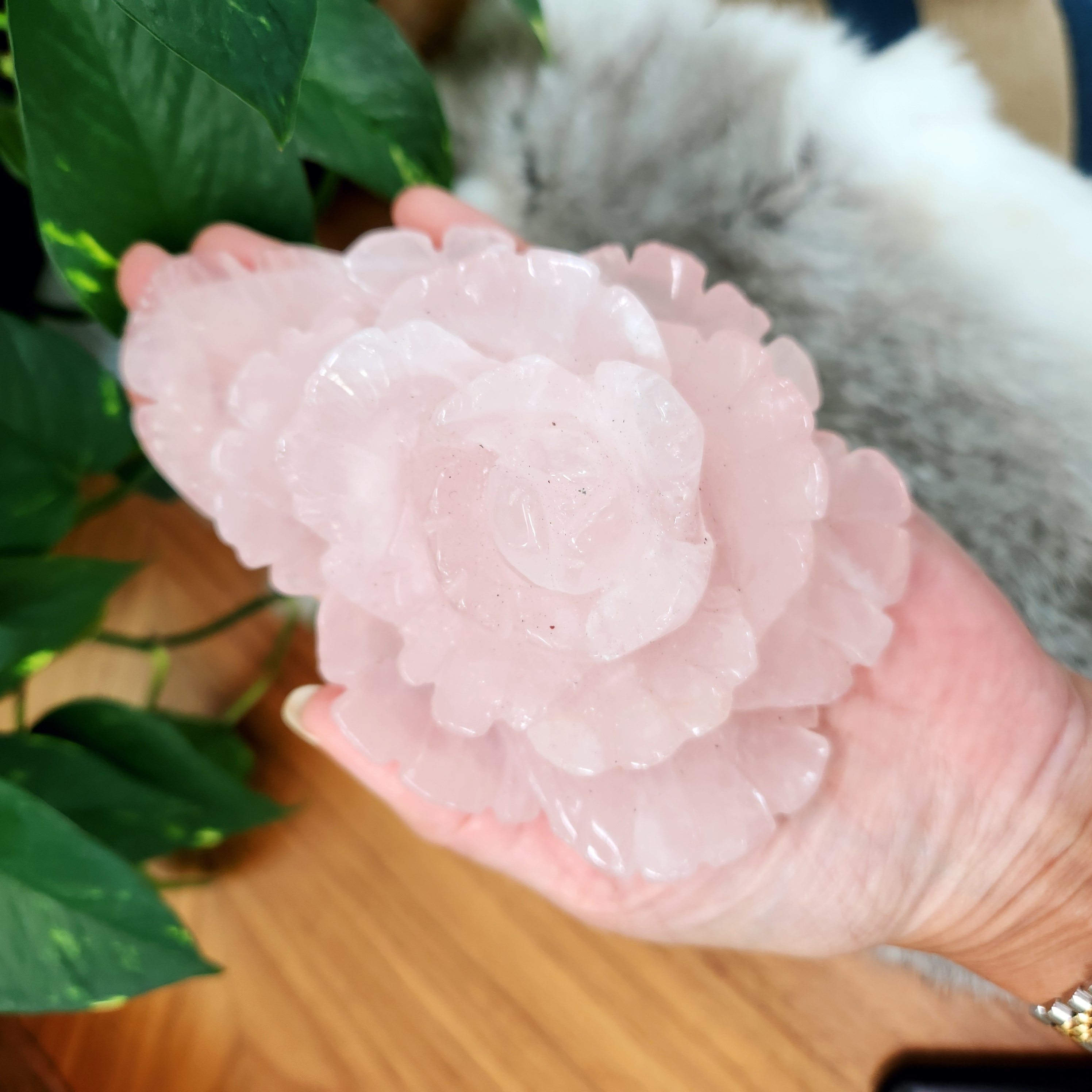 Rose Quartz Rose Flower - Rose Flower Carving • 5.5" Extra Large crystal Rose Flower  