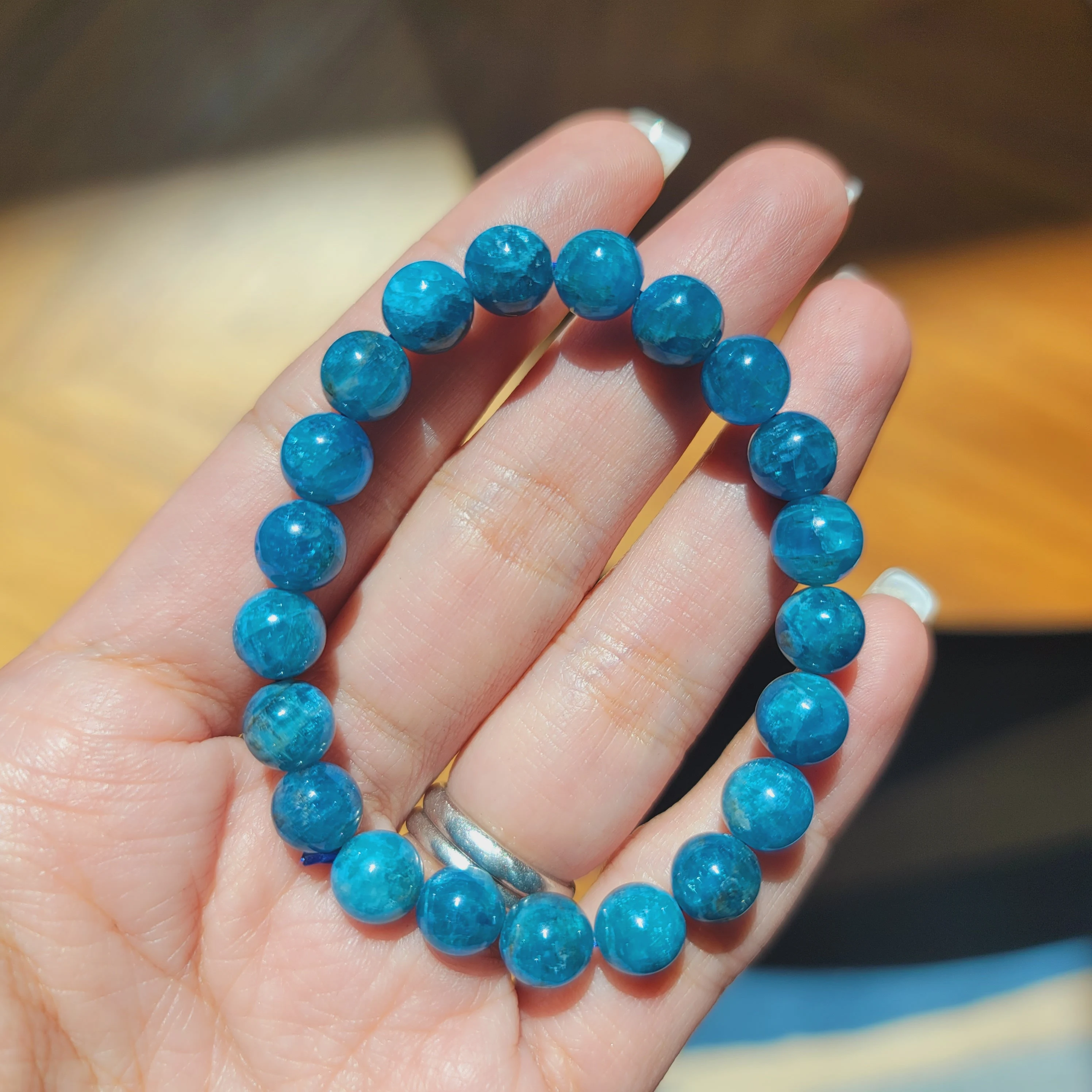 Blue Apatite Gemstone Crystal Bracelet • 8mm Healing Crystal Bracelet •