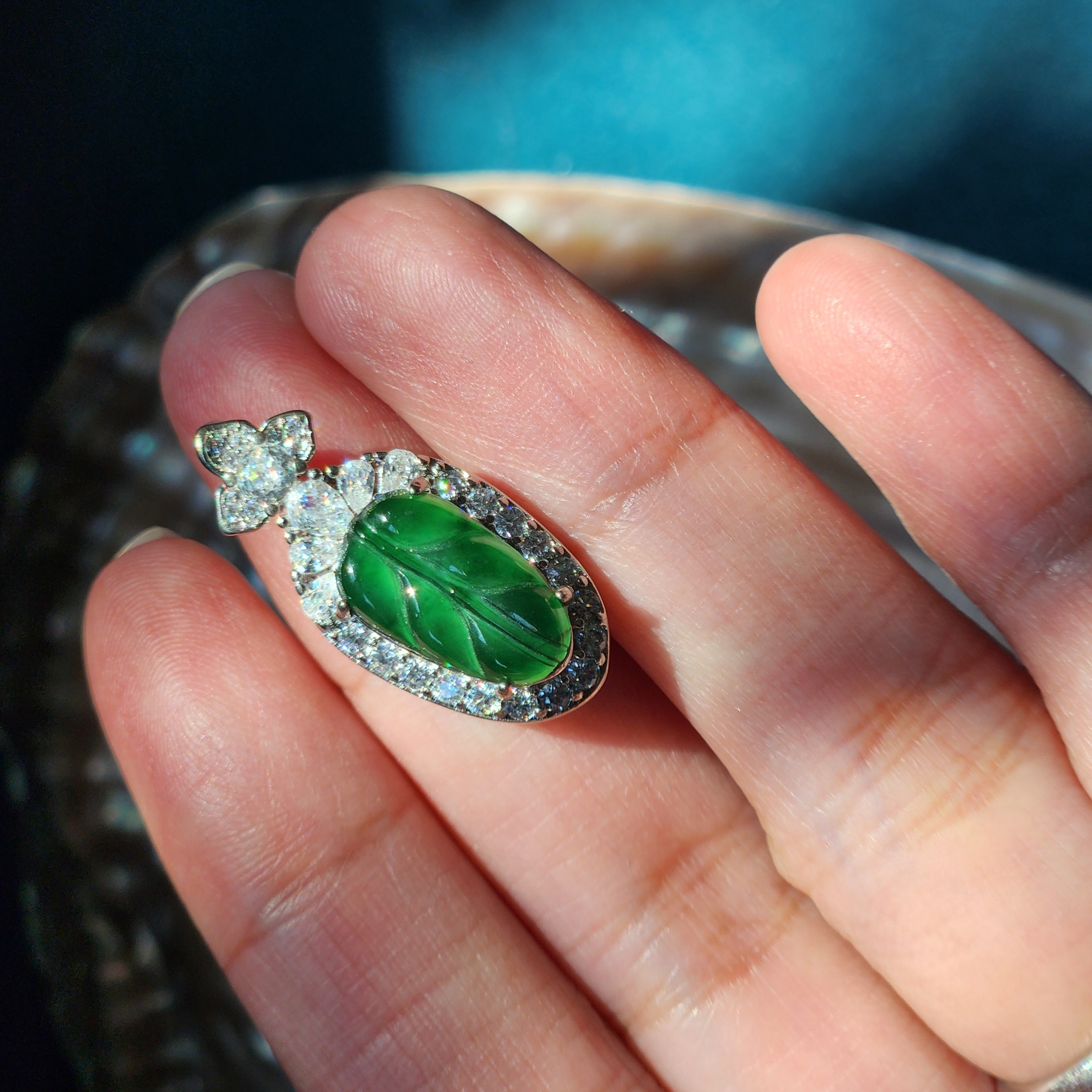 Jade pendant • Burmese green jade leaf pendant with cubic zirconia • Healing green Jade dainty classy jewelry gift for her